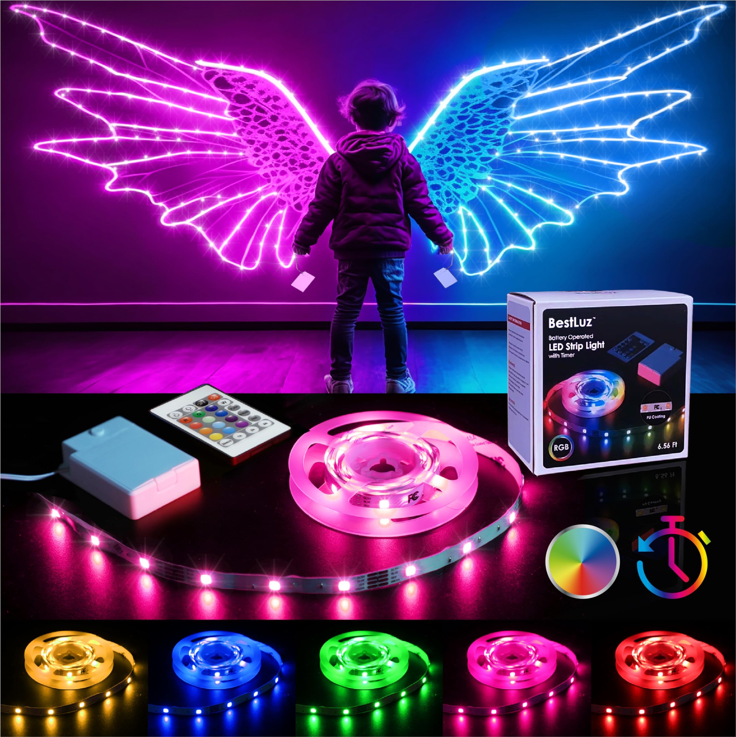 BestLuz Battery Operated LED Tape Light with Remote Control Time Setting 2M RGB DIY Light for TV Party Skateboard Piano Cabinet Decoration Indoor Outdoor