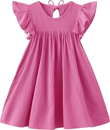 Miniatura 2 de Ncycullo Vestido de lino de algodón con mangas con volantes para niñas pequeñas, sin mangas, vestido de lazo en la espalda, vestido casual de verano