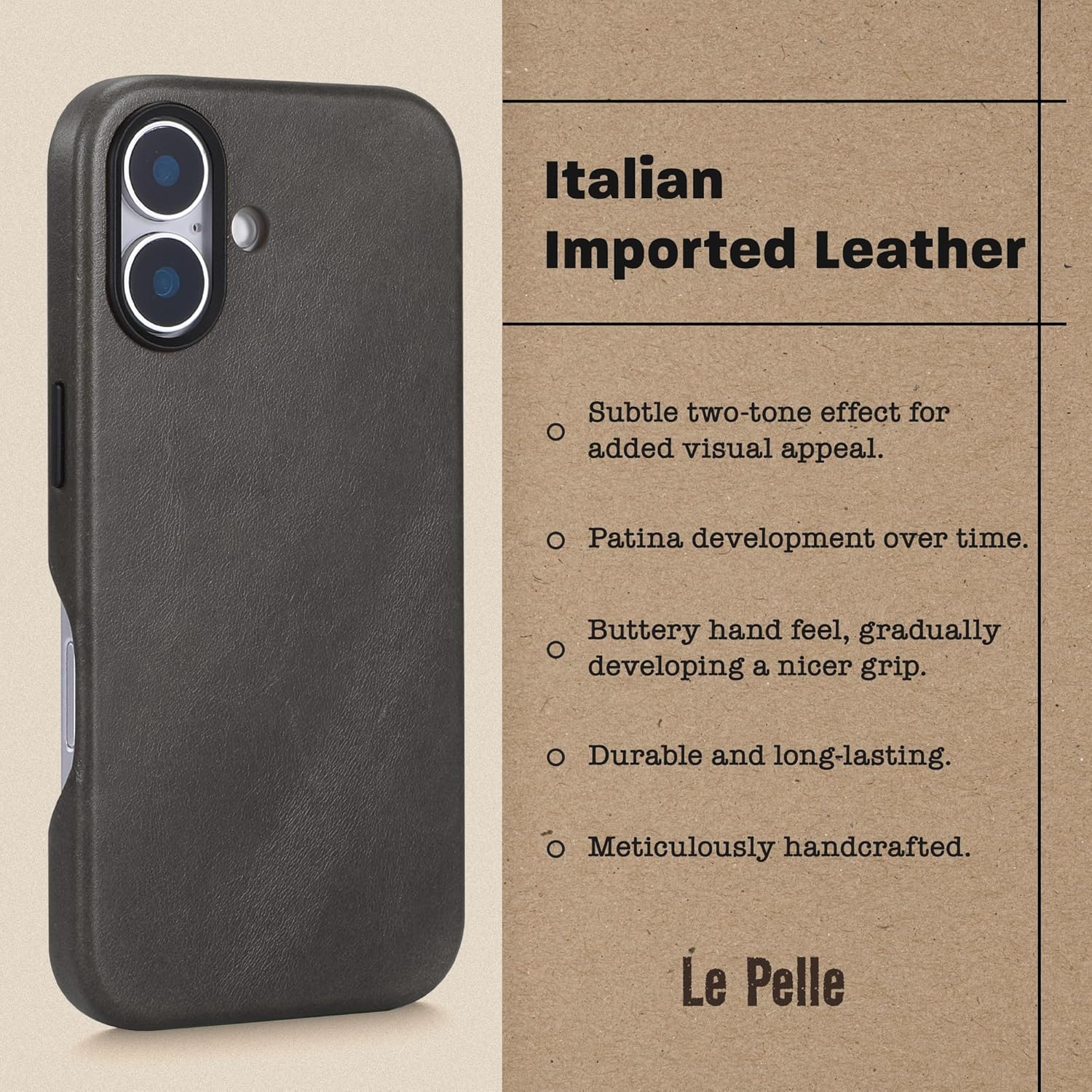 Italian Leather Case for iPhone 16 Plus Graphite Black | Handcrafted, Premium, Compatible with Magsafe, Two-Tone Effect, Unique Patina Over Time - Image 3