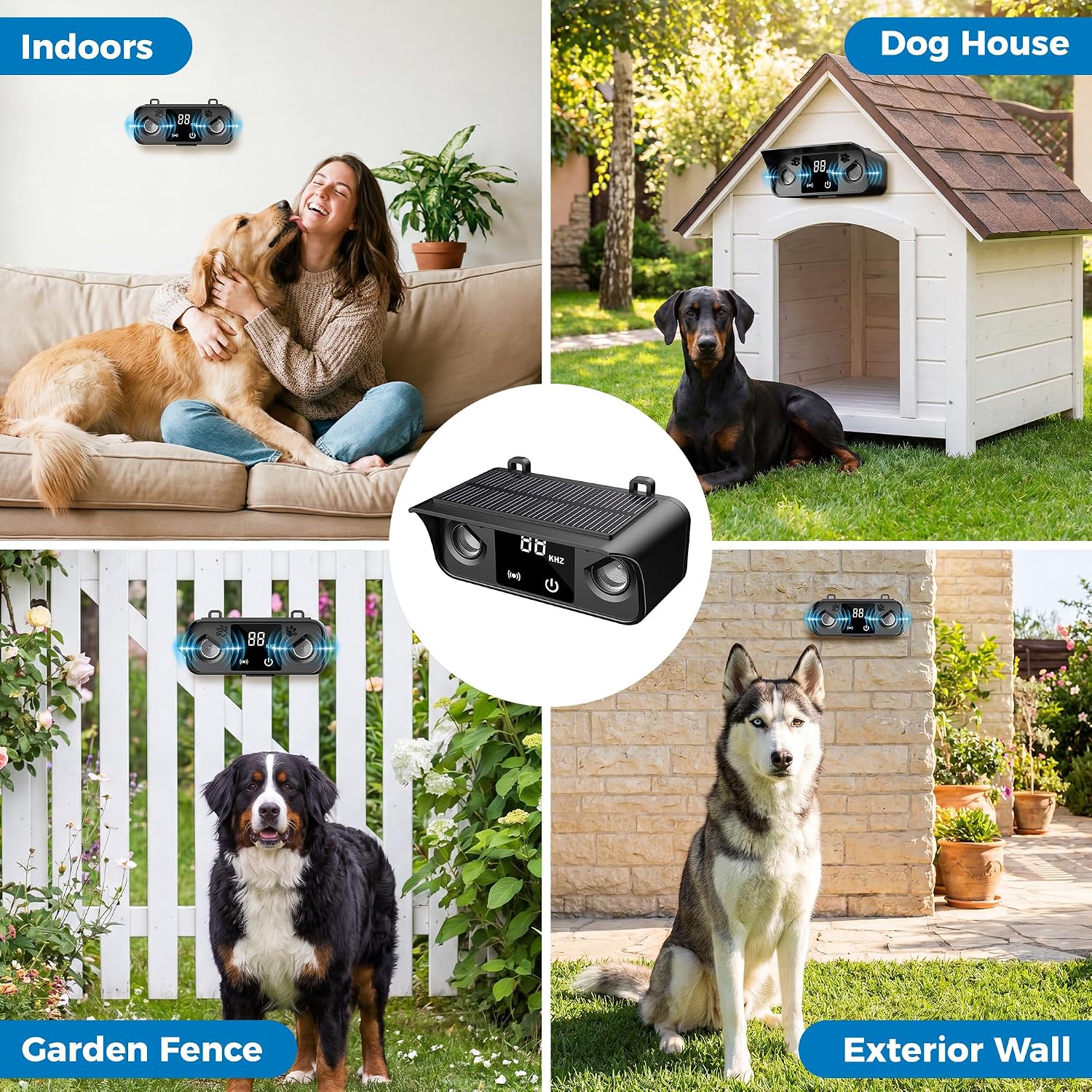 Solar Anti Barking Device with USB Charging, Ultrasonic Bark Control, 4 Modes 50FT Range, Humane Dog Barking Deterrent for Small/Medium/Large Dogs Indoor Outdoor