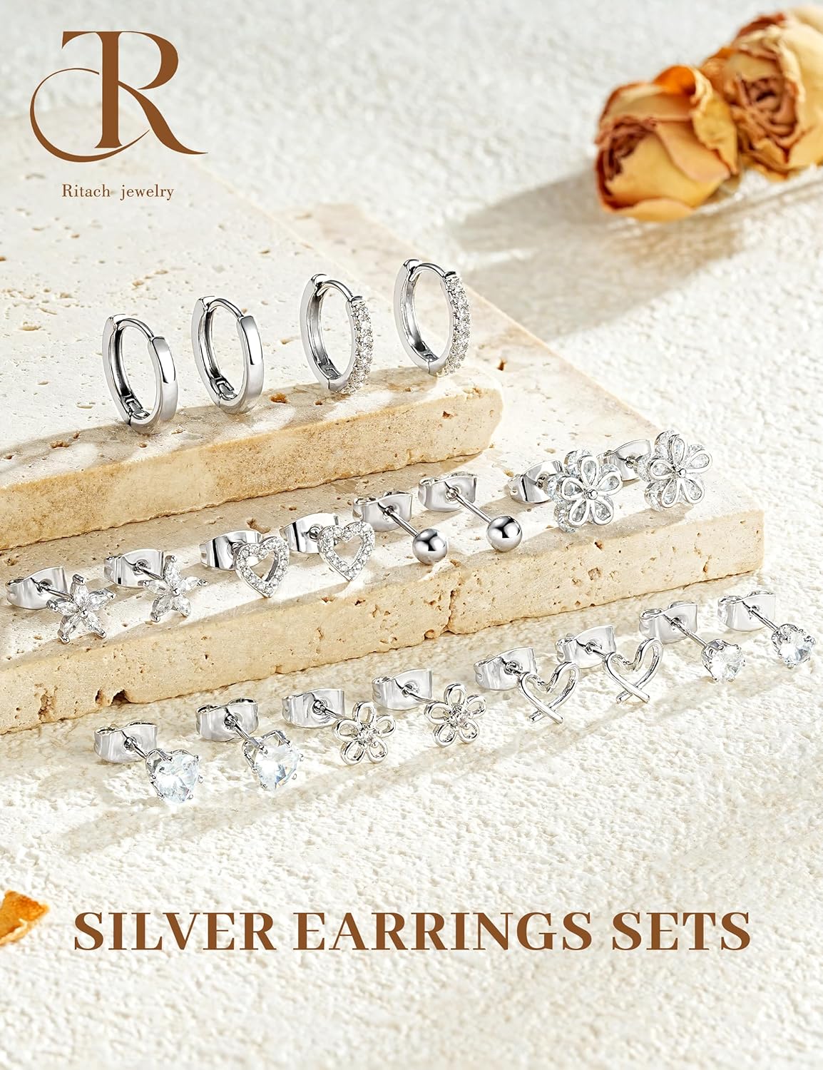 Small Gold Stud Earrings Set for Women - 14K Gold Plated CZ Huggie Hoops Hypoallergenic Earrings Dainty Flower Heart Stud Earrings for Jewelry Gift - Image 6