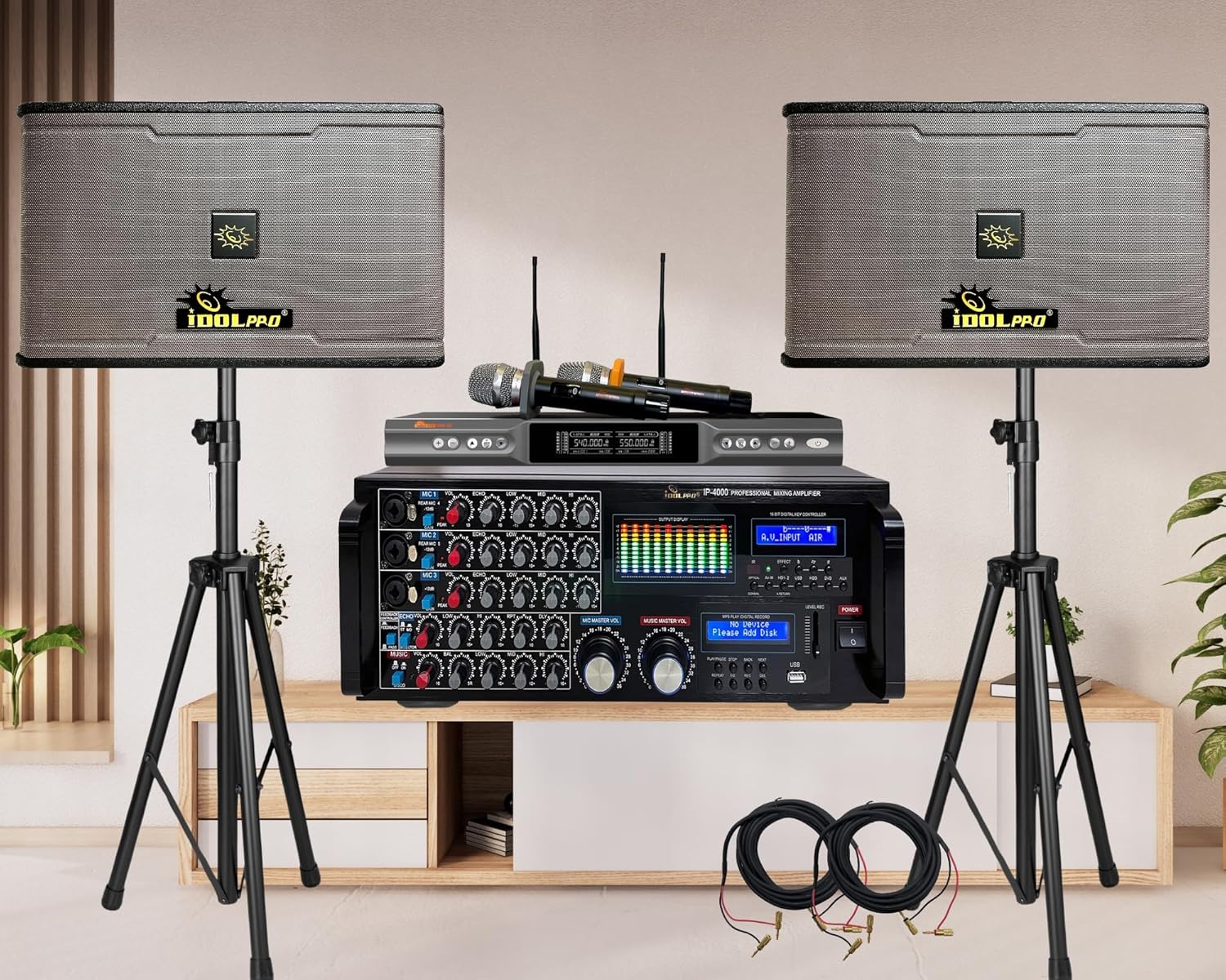 Complete Home Karaoke Package IDOLpro 3000W Mixing Amplifier Karaoke System with Dual Speakers, Dual Smart Wireless Microphone