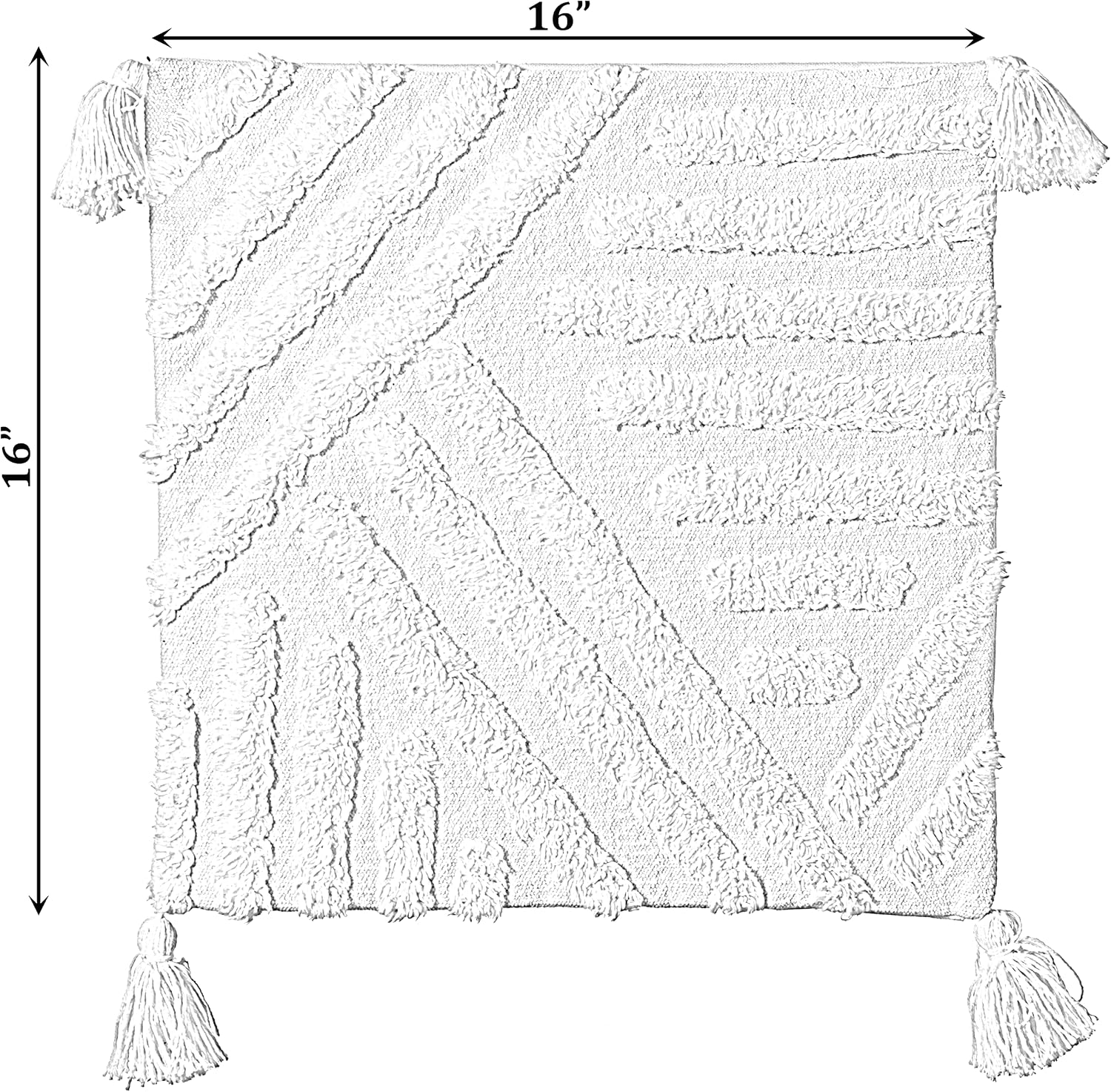 Deerlux 16" Handwoven Cotton Throw Pillow Cover with White Tufted Line Pattern and Tassel Corners, White