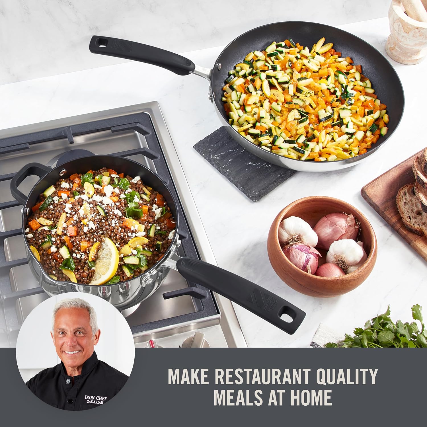 Zakarian x Dash TruPro® Stainless Steel Cookware Set - Rust-Resistant, Nonstick Cookware Set for Everyday Cooking - Straining Lid with Stackable Lids and Heat Resistant Handles - Black, 10-Piece Set