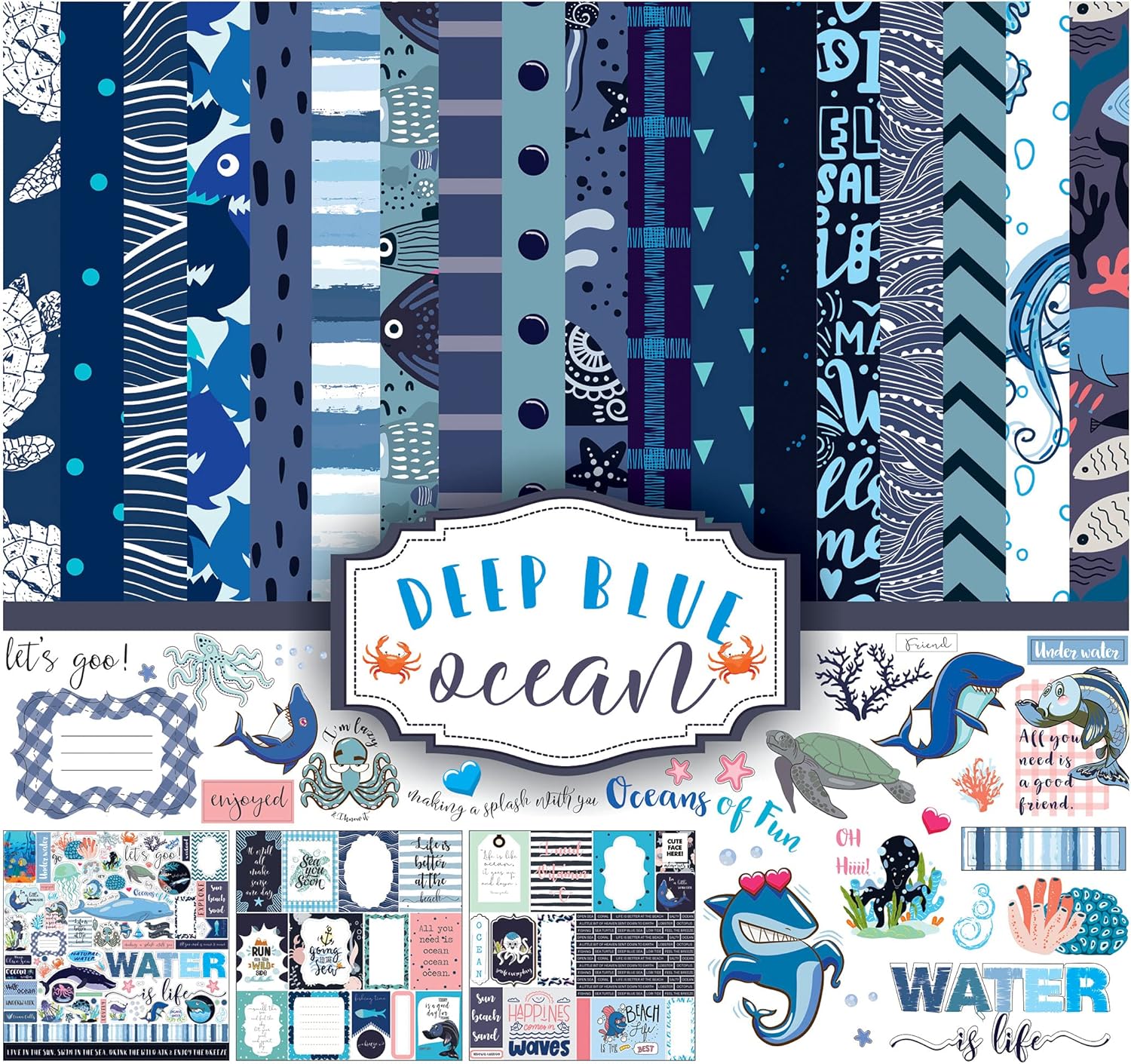 Ocean Life Collection Double-Sided Scrapbook Paper Kit Cardstock 12"x12" Card Making Paper Pack with Sticker Sheet - 16 Pages - Blue