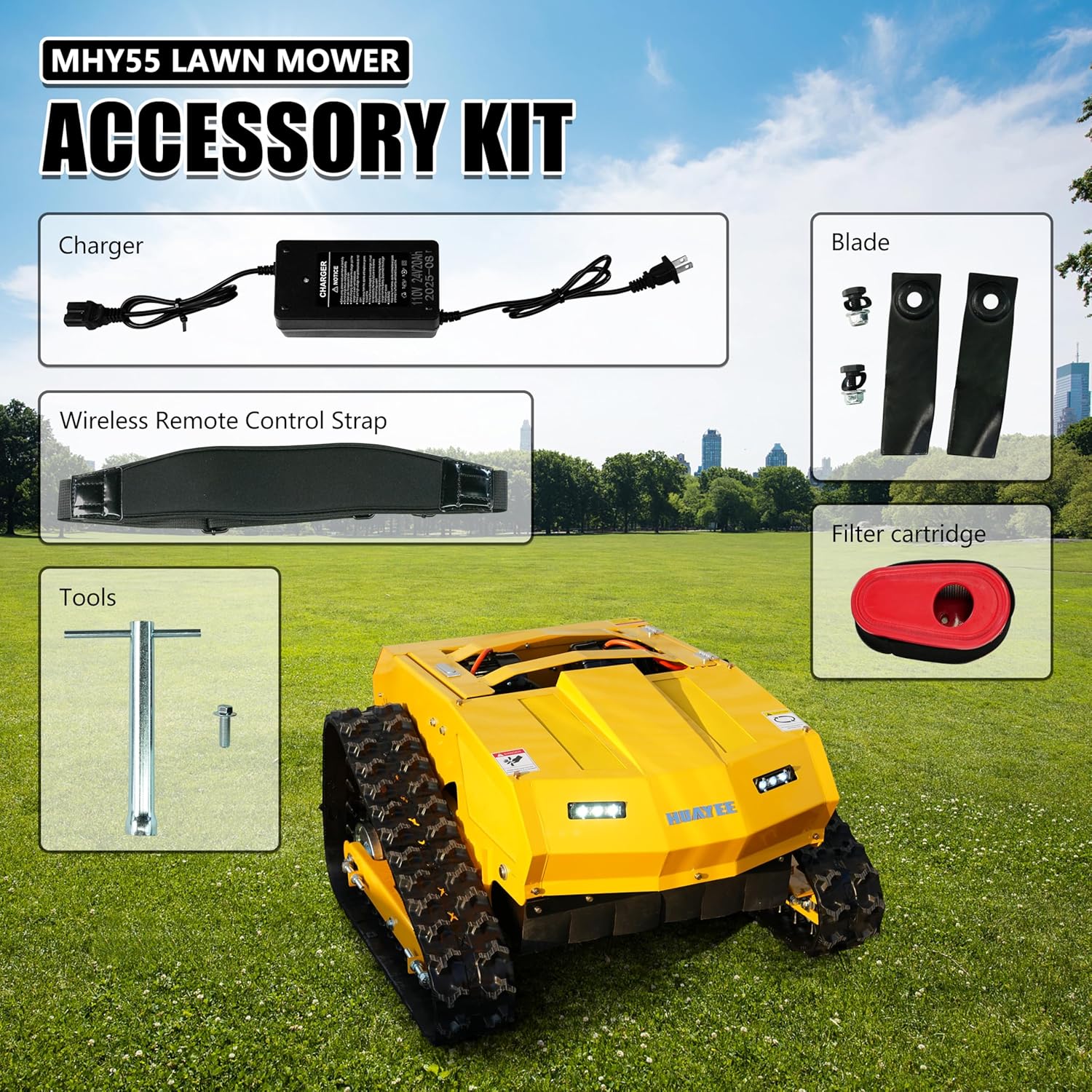 MHY55 224cc Remote Control Lawn Mower - Hybrid Crawler with Pure Copper Brushless Motor - All-Terrain Grass Cutter, 45° Climbing, 200m Remote Control
