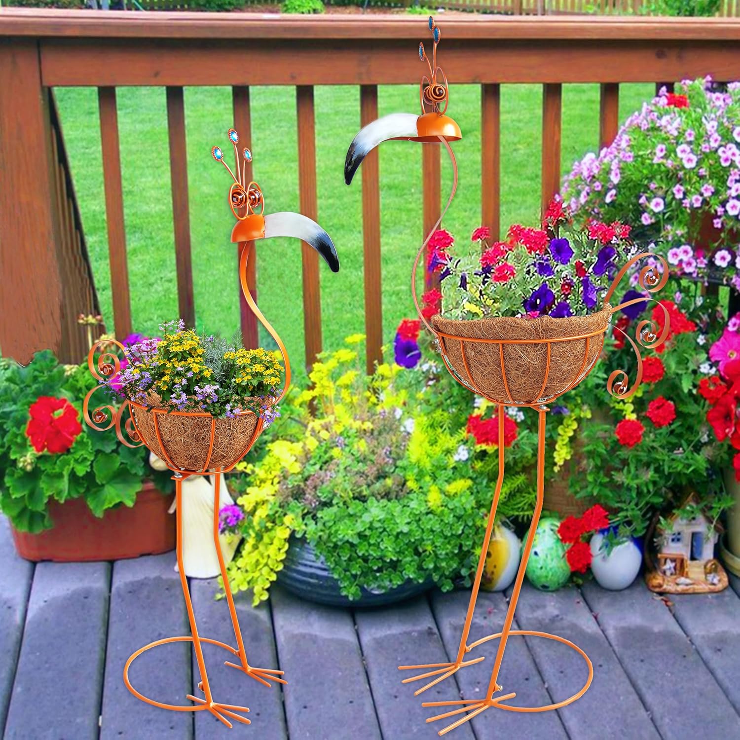 COOZZYHOUR Metal Toucan Planter with Basket - Bird Planters for Outdoor Indoor Lawn,Yard,Porch,Patio, Garden Decorations?Set of 2? Orange Toucan
