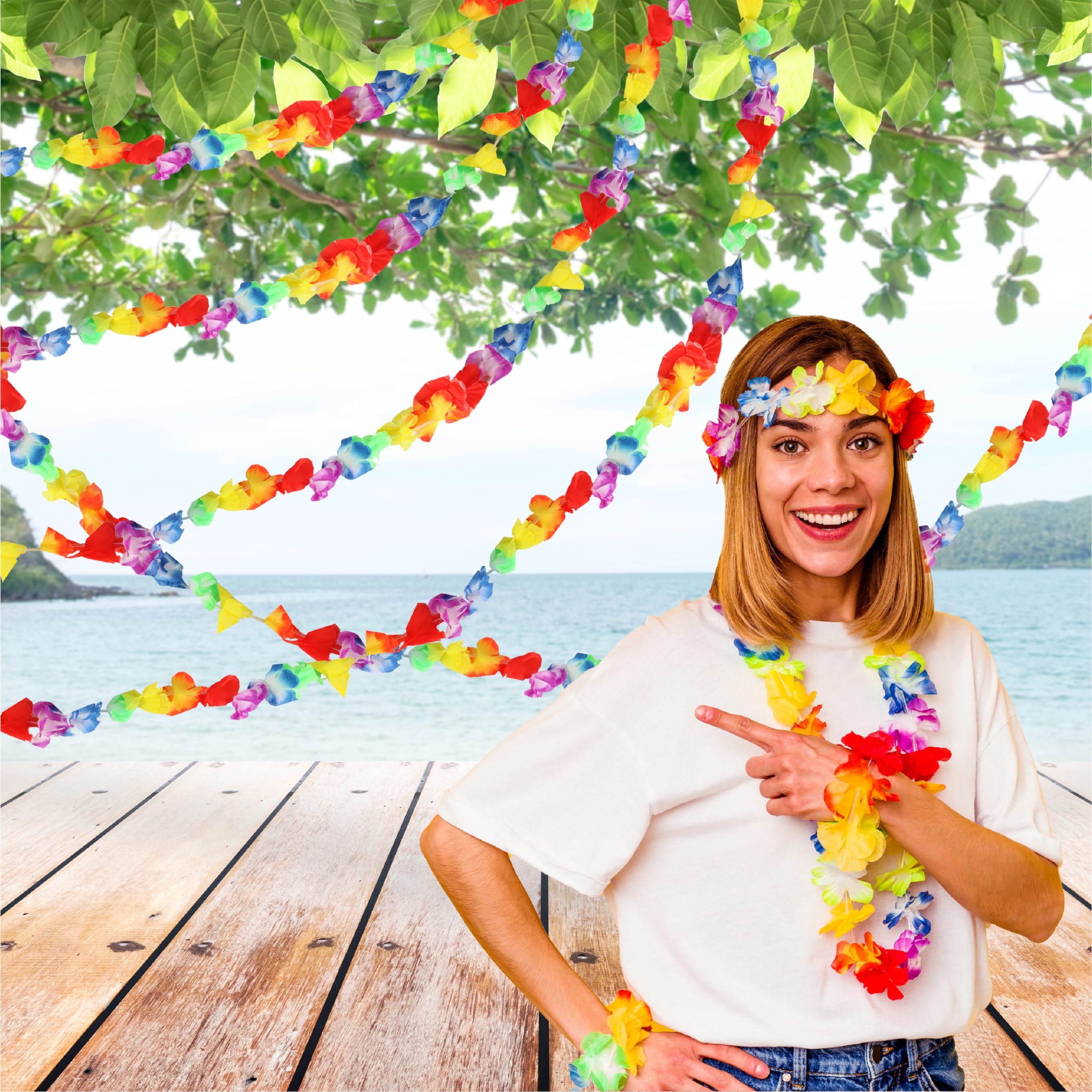 Hawajska chorągiewka kwiatowa, wielokolorowa girlanda z kwiatów Lei na sznurku, hawajska impreza na plaży, luau, letnia zabawa, wewnątrz, na zewnątrz