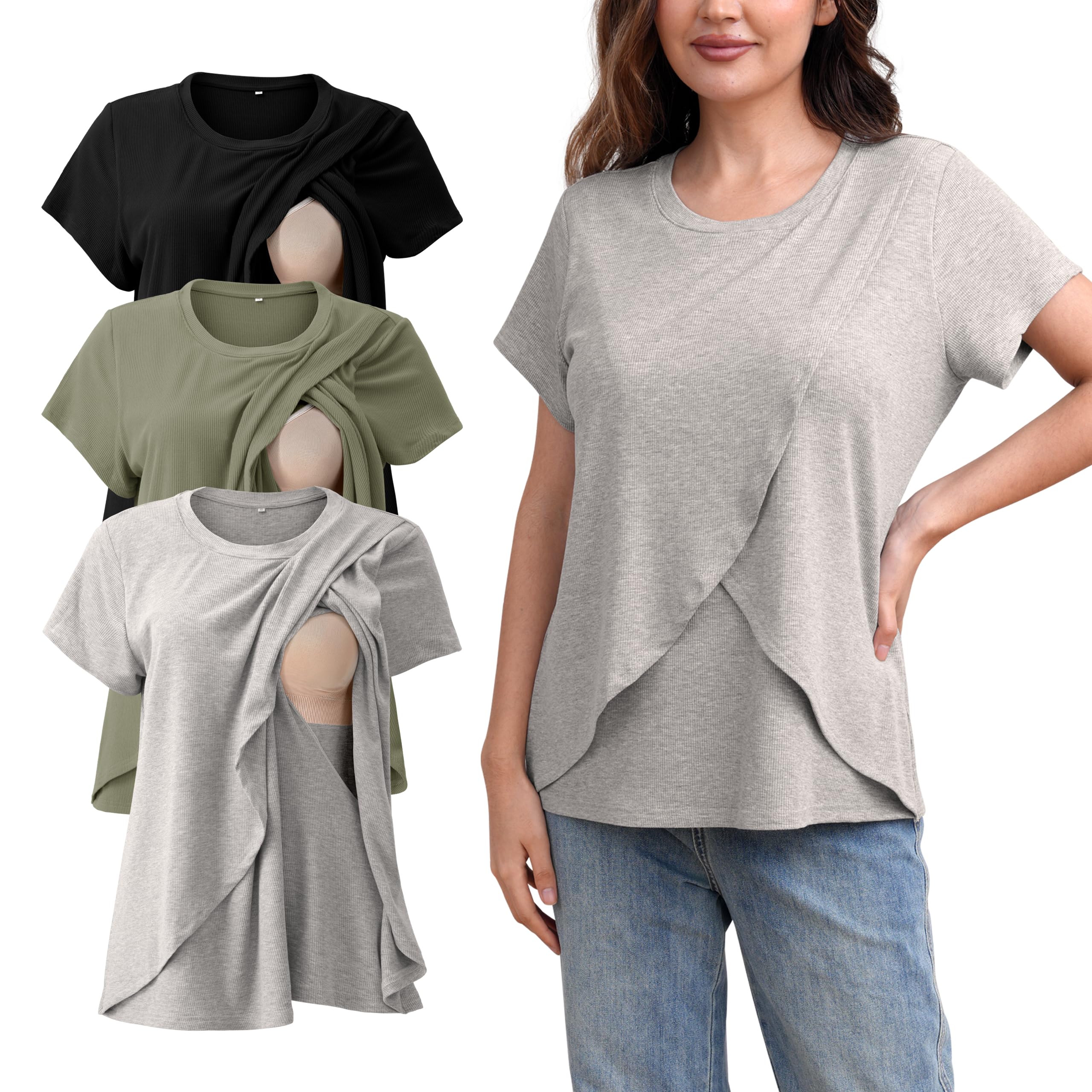 SUNNYBUY Confezione da 3 magliette da allattamento da donna, a maniche corte, con accesso laterale a doppio strato, per gravidanza e allattamento