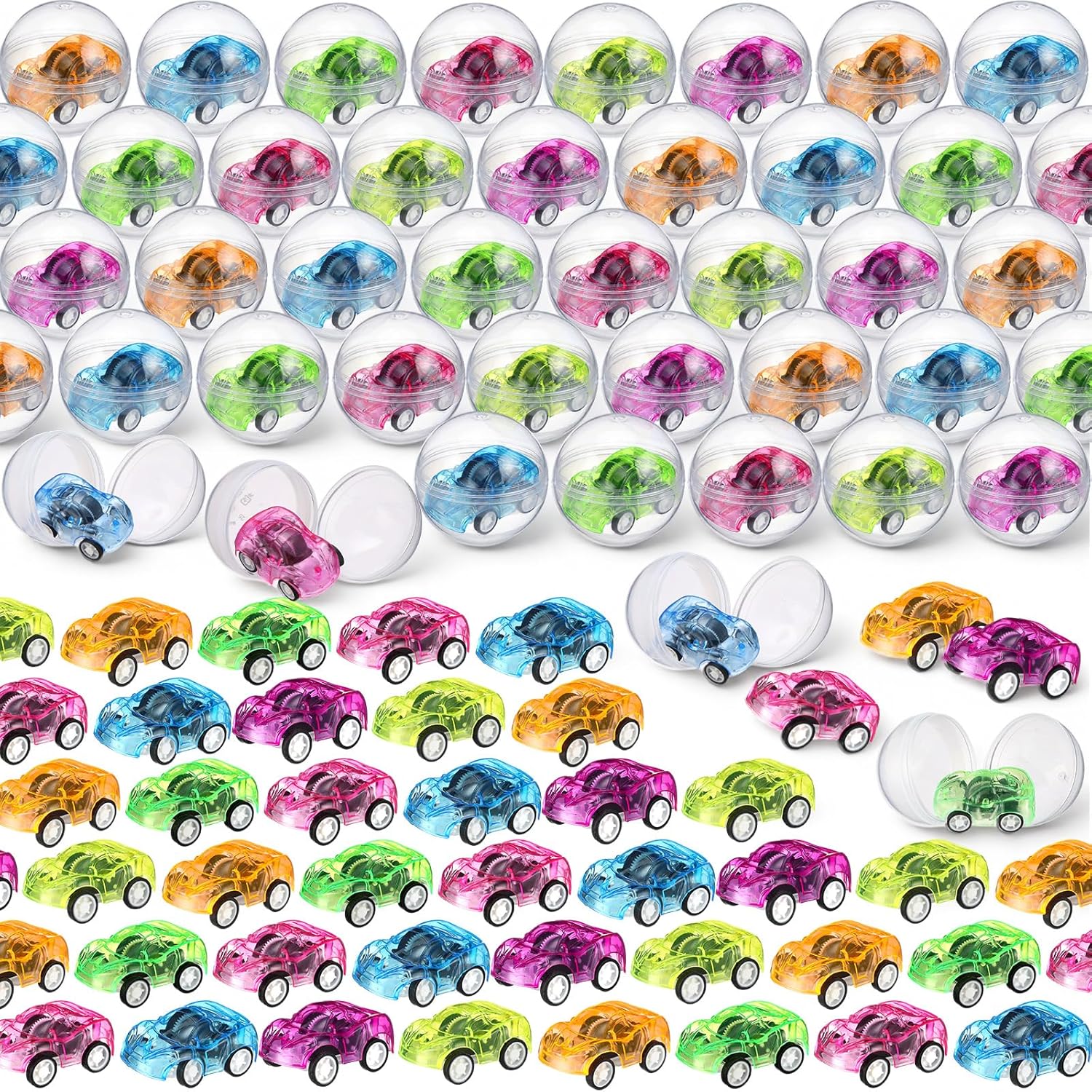 Jerify 100 Sets Gumball Capsules Toy 2 Inches Contain Filled Pull Back Cars Prefilled Diecast Cars Capsules Vending Machine Party Favors Classroom Prizes for Basket Stuffers Easter