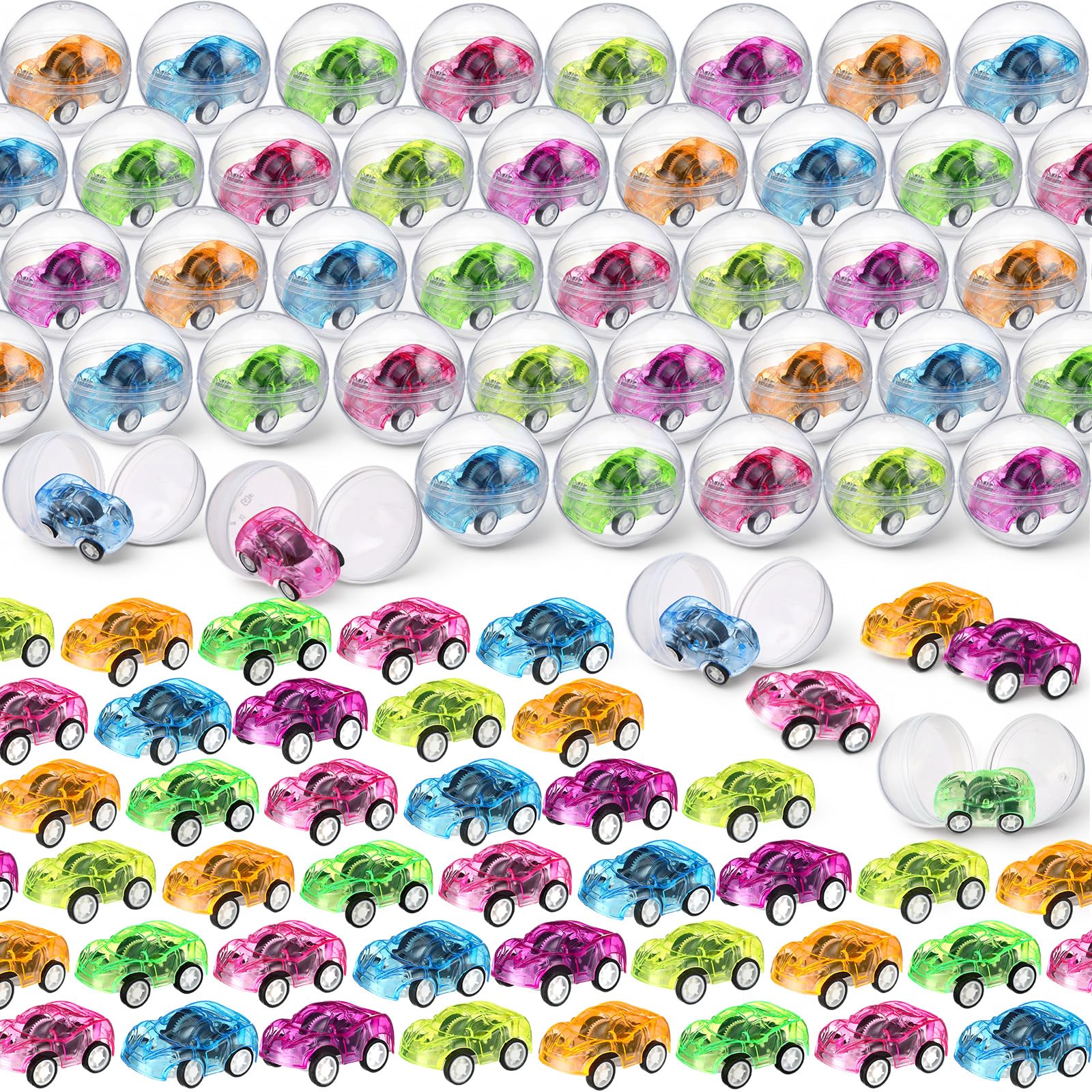 Photo 1 of (missing about half) Jerify 100 Sets Gumball Capsules Toy 2 Inches Contain Filled Pull Back Cars Prefilled Diecast Cars Capsules Vending Machine Party Favors Classroom Prizes for Basket Stuffers Easter