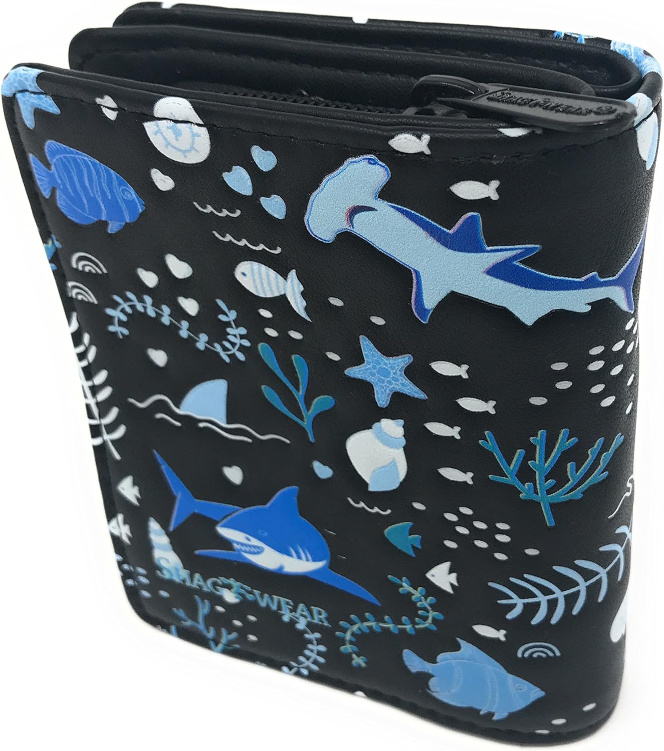 Shag Wear Shark Pattern Small Women’s Wallet, Vegan Faux Leather Bifold with Card Slots, ID Window and Compact Snap Closure in Black 4.5" - Image 2