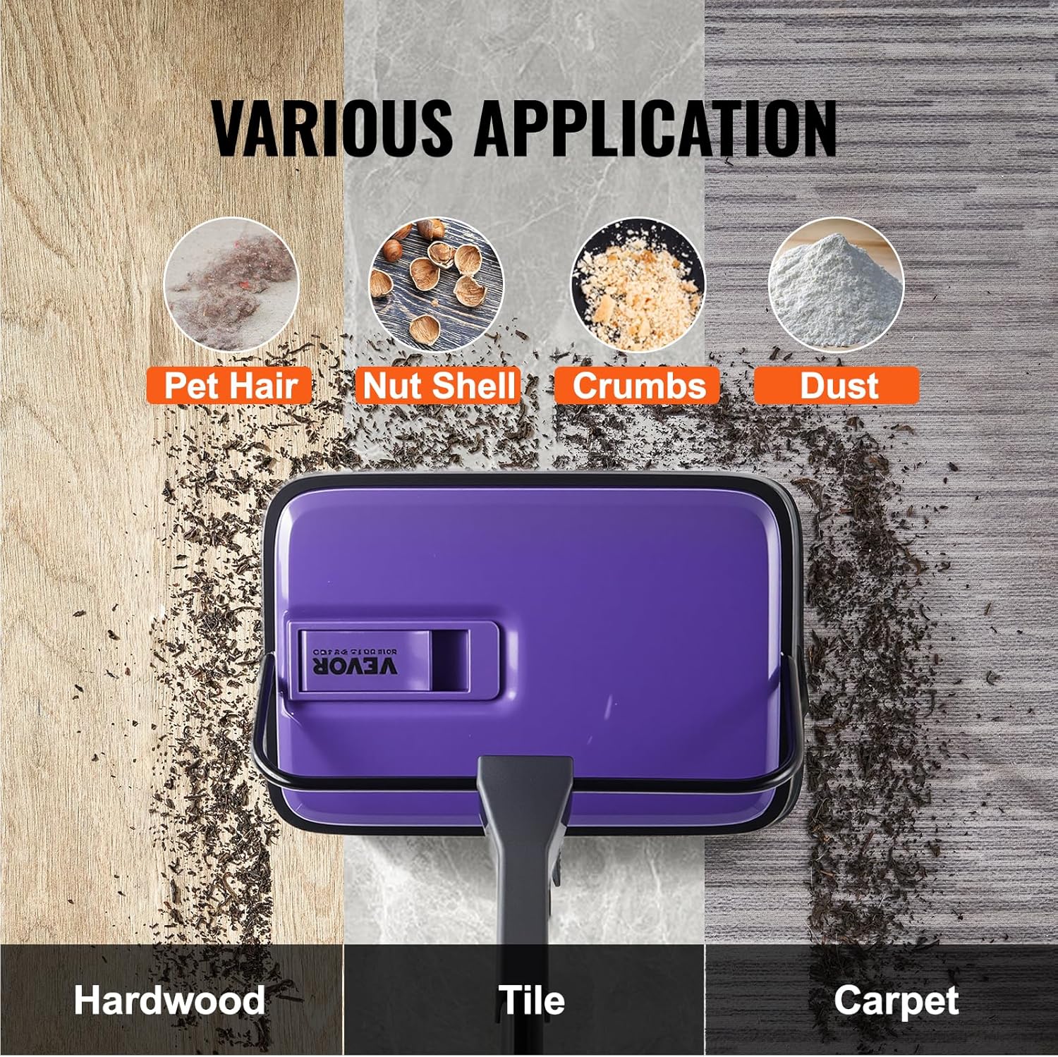 VEVOR Carpet Sweeper Manual, Floor Sweeper with 300 ml Dustbin Capacity Easy to Empty, 6.7 inch Cleaning Width for Home Office Carpets Pet Hair Dust, Purple