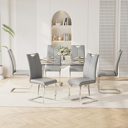 Miniatura 3 de Juego de mesa de comedor moderno de 51" de 7 piezas para 6, mesa rectangular de cristal con 6 sillas tapizadas en cuero, capacidad para 6 personas,