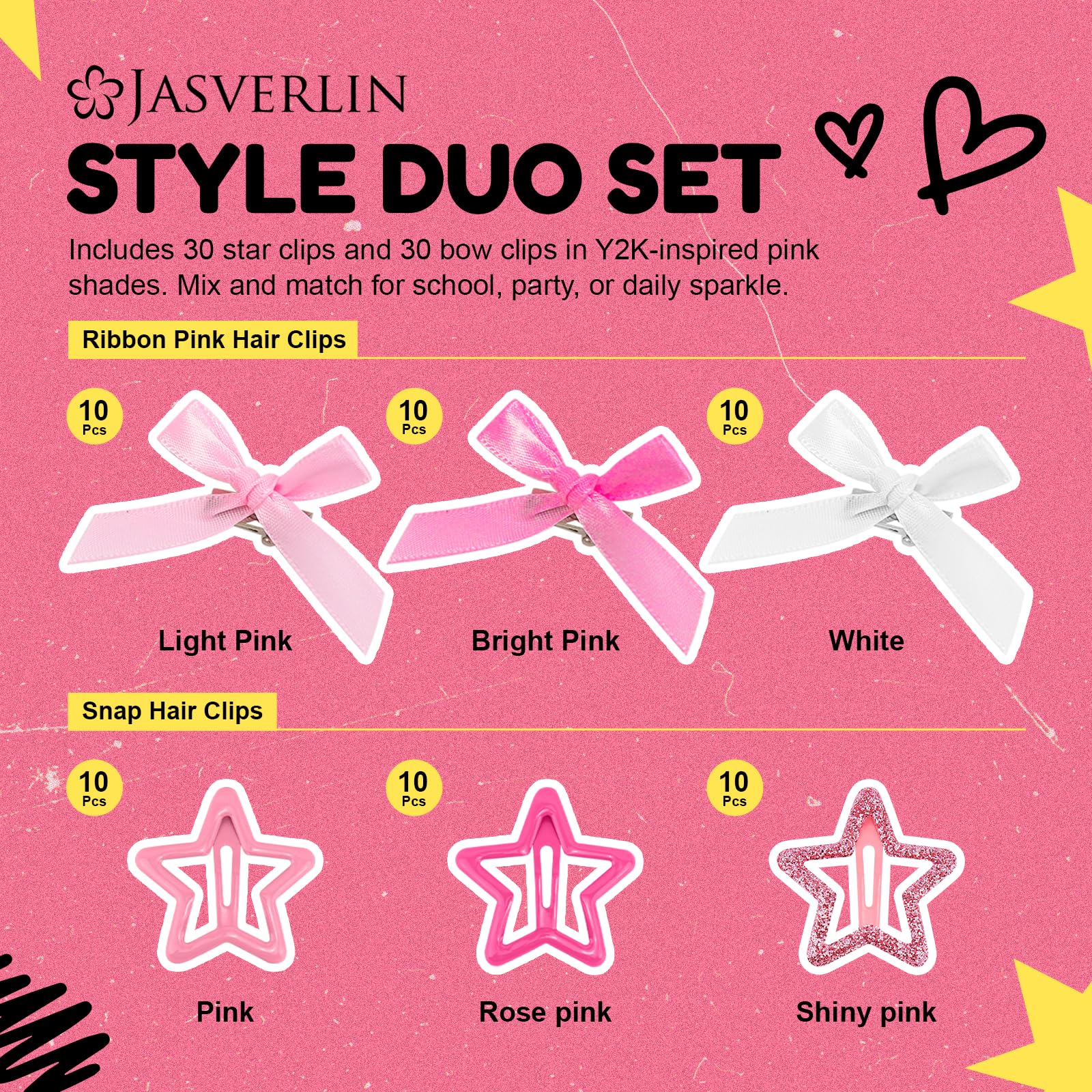JASVERLIN 60pcs Star Hair Clips & Mini Bows Y2k Accessories Set, Cute Bowknot Goth Snap Clip Hair Barrettes - Image 3