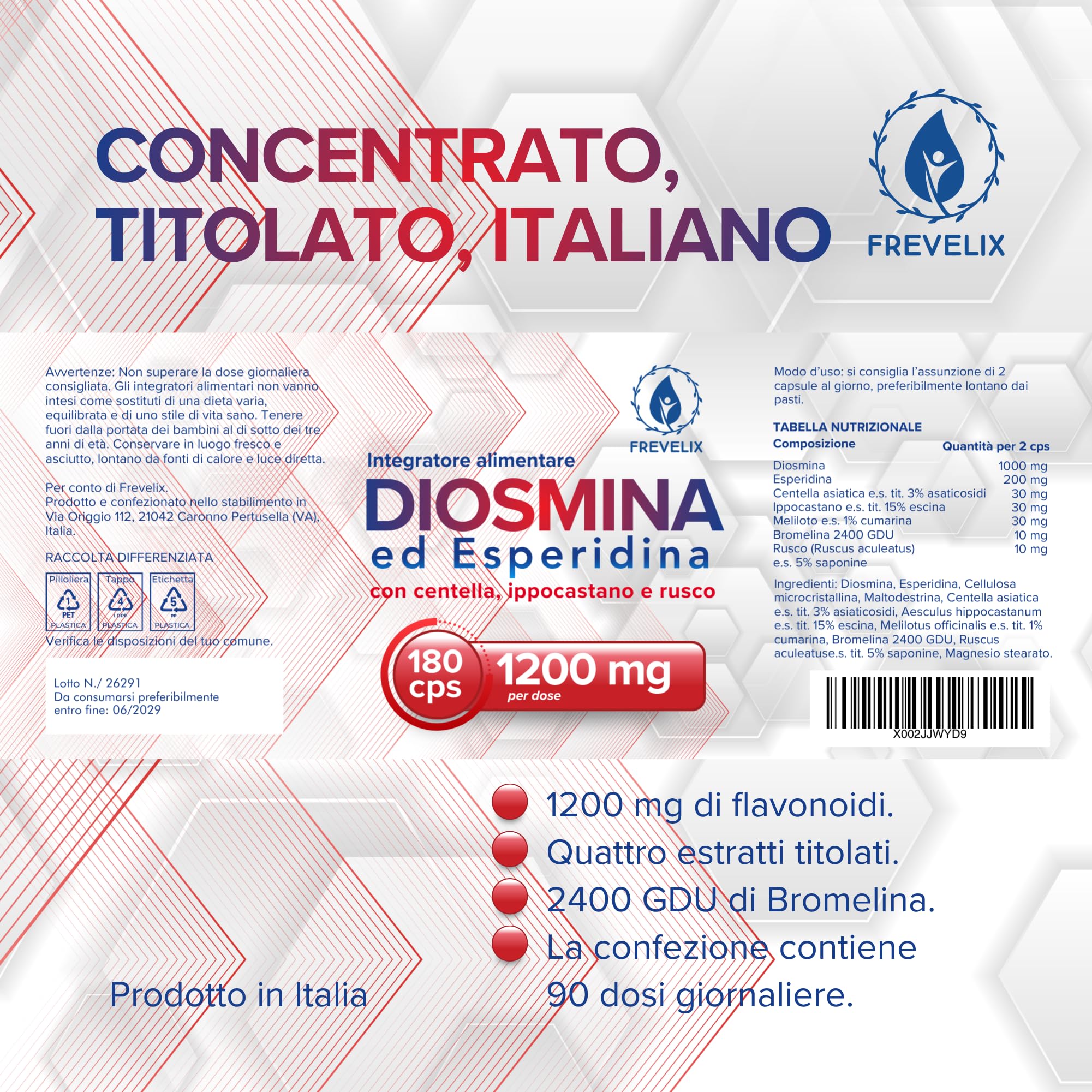 Diosmina Esperidina Alto Dosaggio 1200mg 180 Capsule - Per Funzionalità del Microcircolo con Centella Asiatica, Ippocastano, Rusco e Bromelina