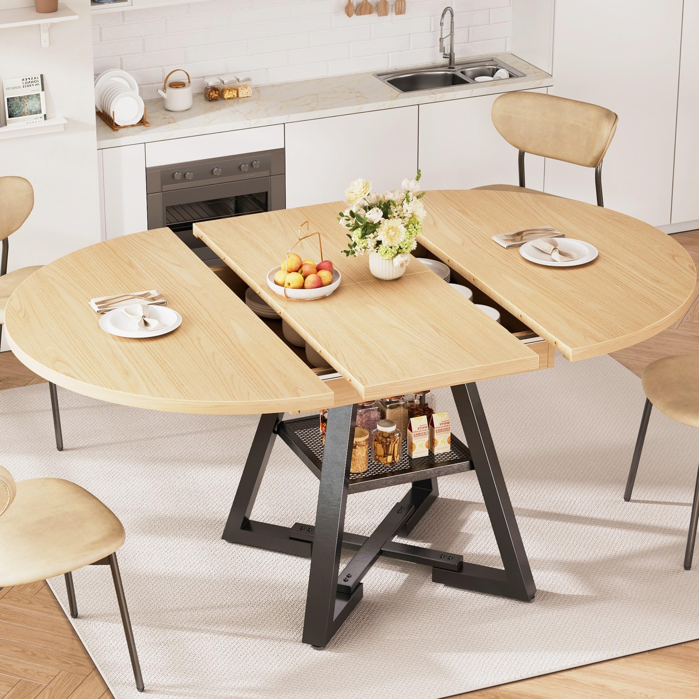 Photo 1 of ***MISSING HARDWARE*** Jocoevol Round Dining Table Kitchen Dining Room Dinner Table for 4-6, Space Saving Extendable Oval Circle Furniture with Pedestal Base and Storage Shelf for Kitchen Living Room (Wood, for 4-6)
