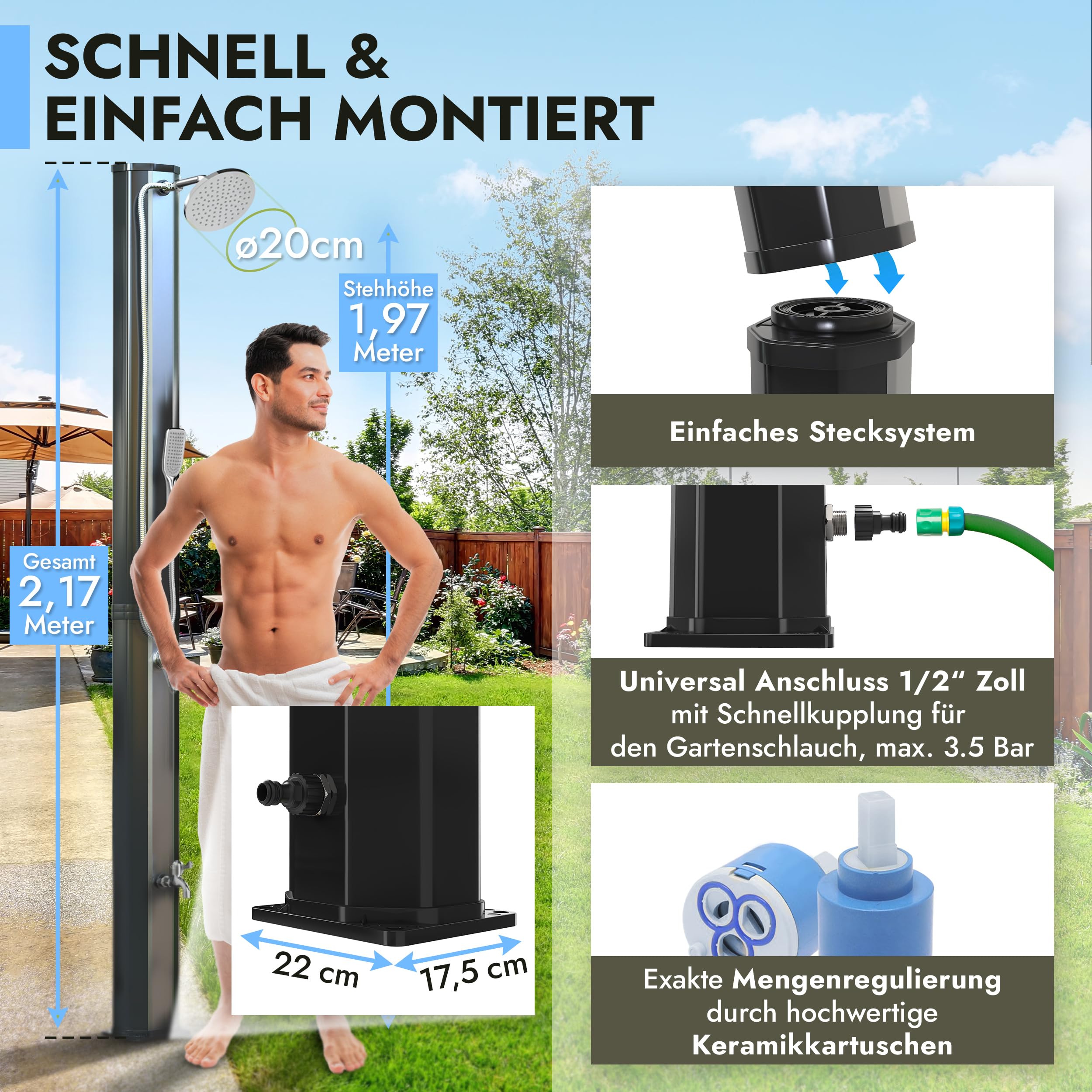 LAWA Living and Lifestyle Garten Solardusche 40l schwarz mit Handbrause | 20cm Duschkopf V2A Edelstahl Front Antikalk Silber Gartendusche Aussendusche ohne Bodenplatte Solar Sauna Dusche Outdoor
