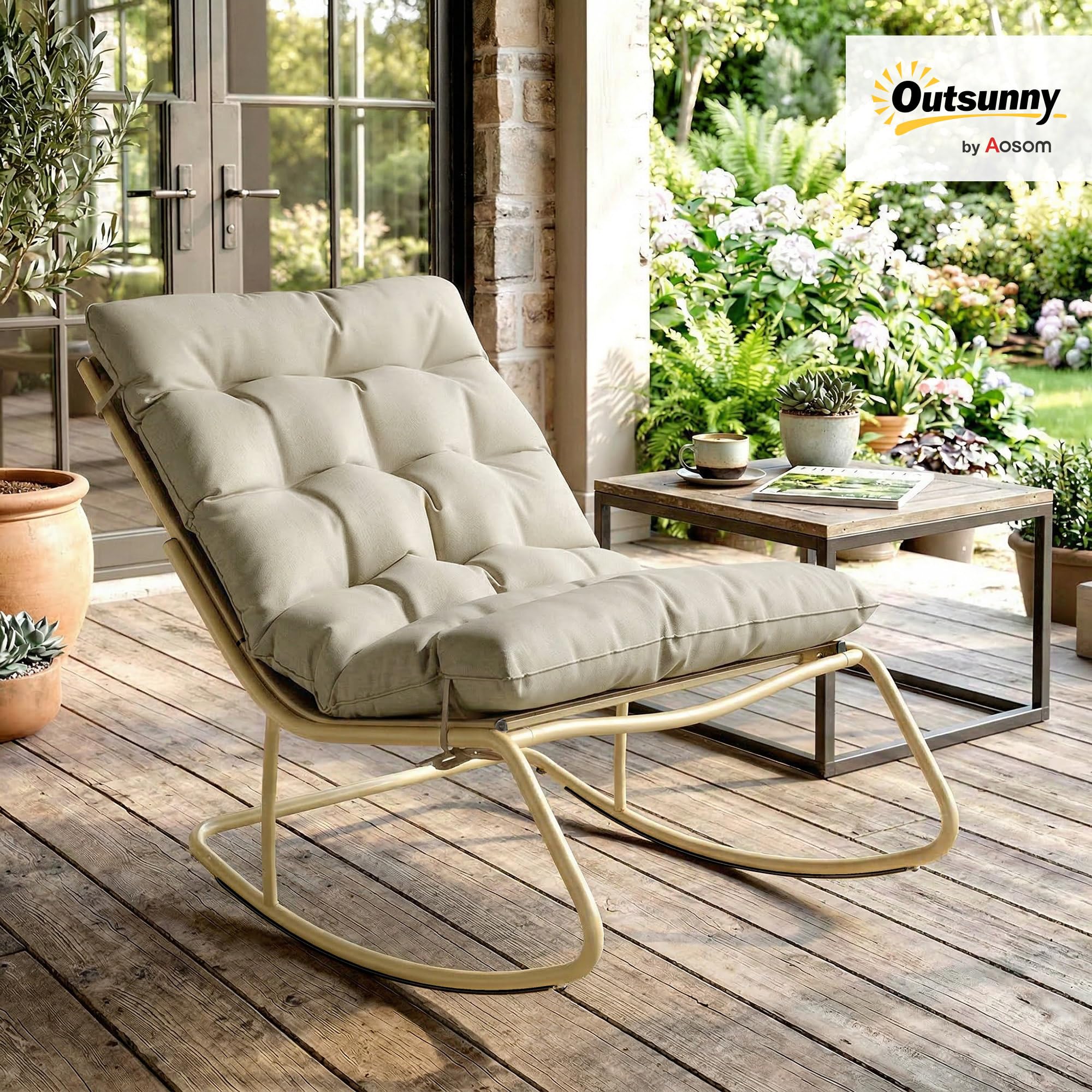 Outsunny Fauteuil à Bascule Extérieur avec Coussin Moelleux 125cm - Rocking Chair Large 64cm en Acier et Textilène - Chaise Bercante de Salon et Balcon, Beige et Doré