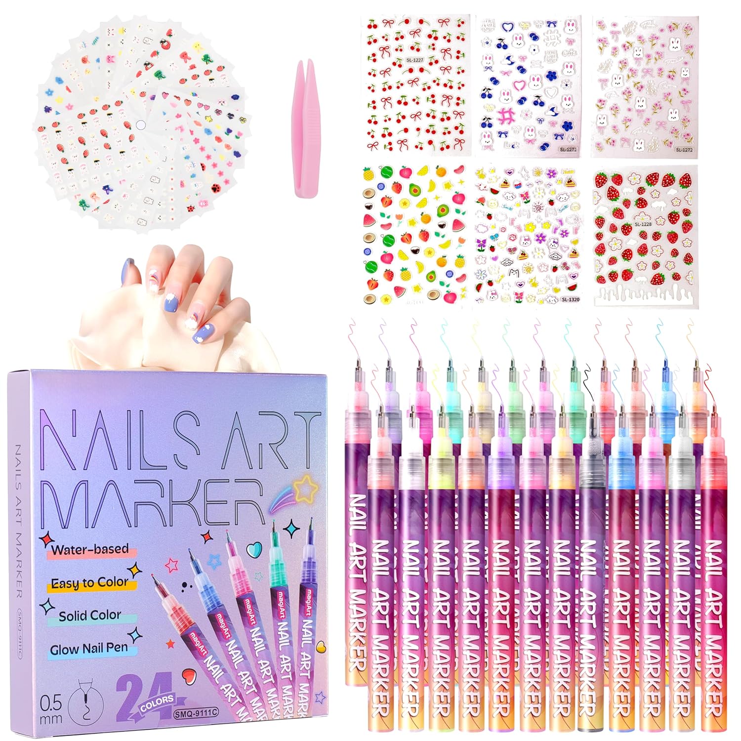 24 Color 0.5mm Fine Tip Nail Art Pen Set - Non-Toxic, Quick-Drying Nail Art Markers with 26 Nail Stickers, Leak-Proof Design for DIY Nail Art, Greeting Cards, Object Painting & Holiday Doodling