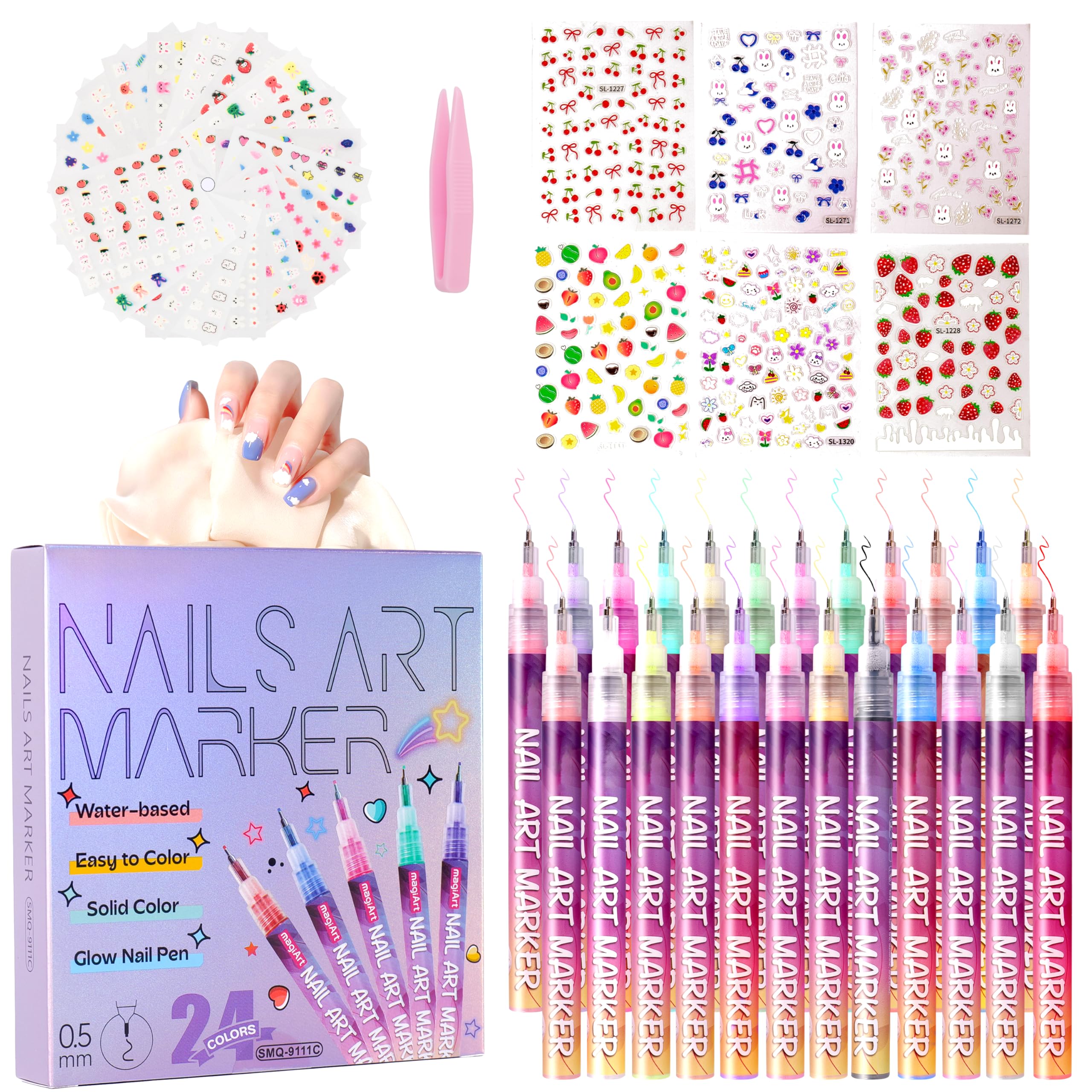 24-Color 0.5mm Fine Tip Nail Art Pen and Sticker Set