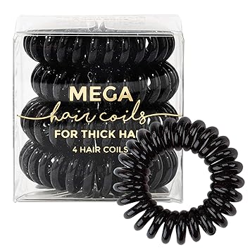 Kitsch Mega Hair Coils for Thick Hair, Spiral Hair Ties, Ponytail Holder 4 pack, Black