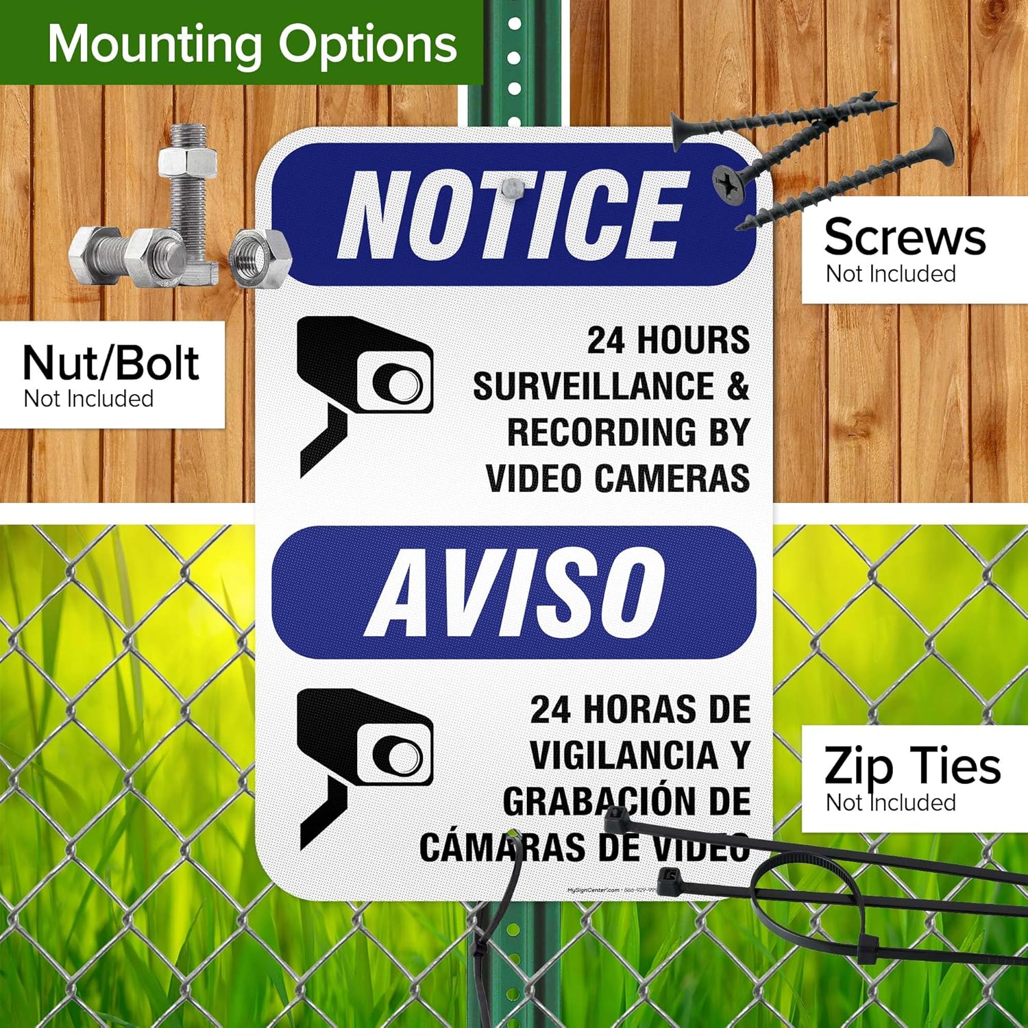 24 Hours Surveillance & Recording By Video Cameras Sign, 12"x18" Aluminum Reflective, Indoor/Outdoor Use, USA MADE By My Sign Center