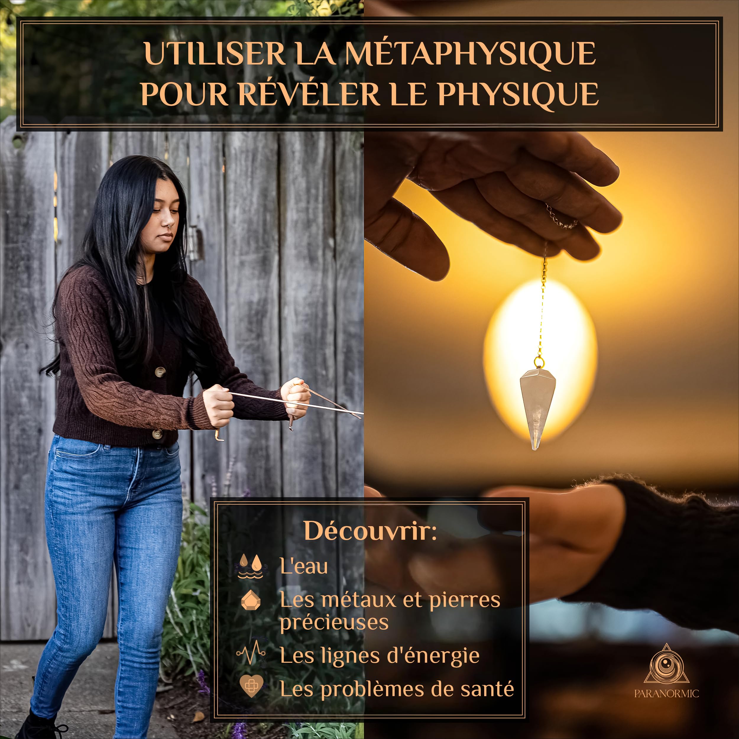 Kit Radiesthésie en Cuivre - 2 Baguettes de Sourcier avec Pendule Quartz, Quartz naturel, poignées rotatives, tapis de radiesthésie et pochette pour divination, débutants et praticiens