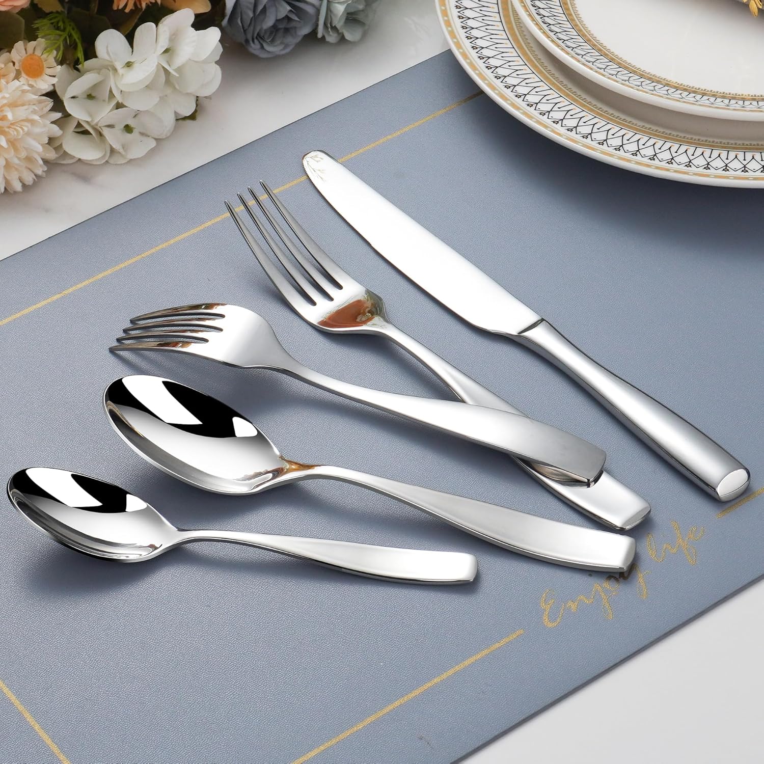 45-Piece Stainless Steel Silverware Set for 8, 18/10 Flatware With Serving Utensil, Heavy Duty Silverware Set, Mirror Polish High End, Dishwasher Safe, Ideal for Gift