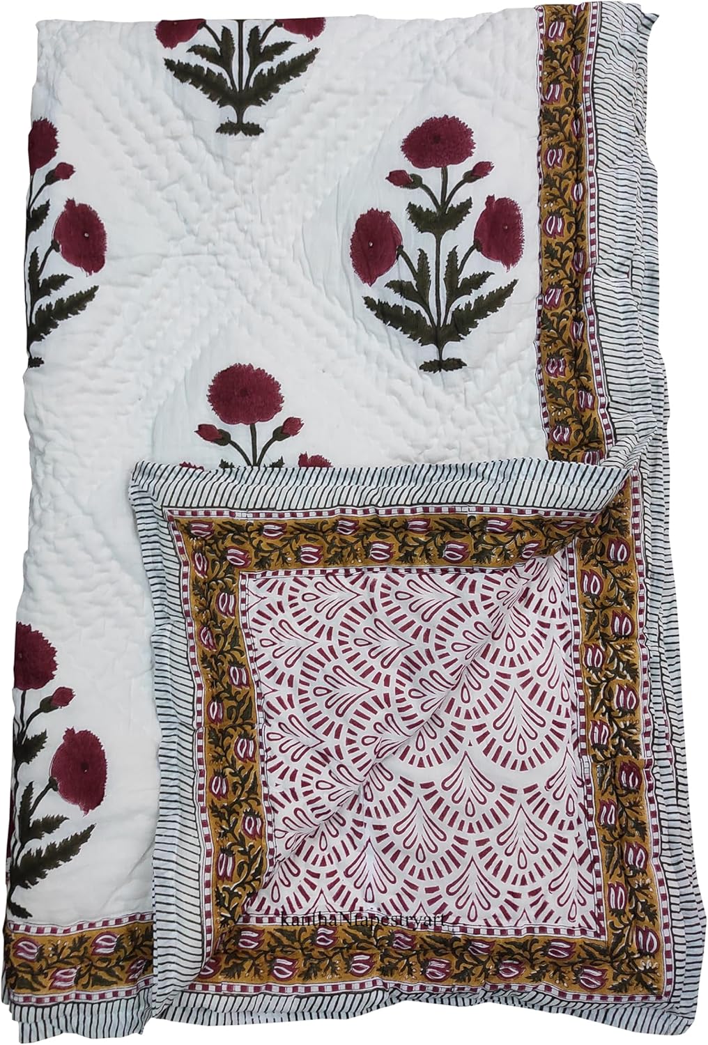 kanthaNtapestryart 100% Cotton Hand Block Print Quilt Razai Handmade Home Quilt Reservable razai Throw Home Decor Quilt Ultra Soft Razai (California King US Size 108x108 Inch)