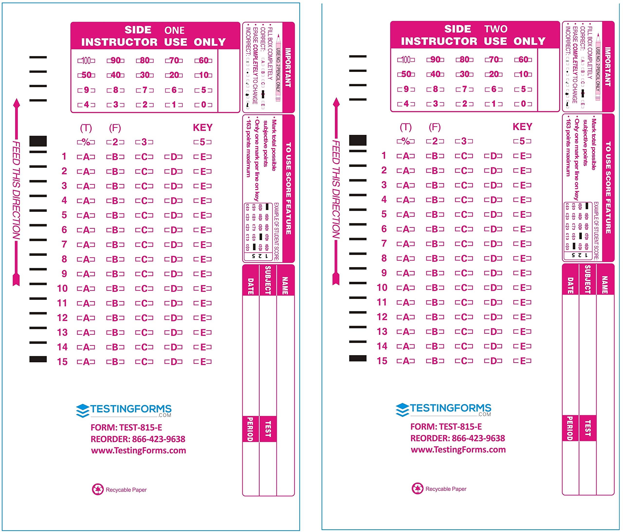 TEST-815E Double Sided 815 E 15 Question Compatible Testing Forms (500 Sheet Pack)