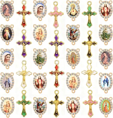 40 Piece Set Rhinestone Religious Rosary Making Supplies, 20 Mixed Oval Saint Connectors and 20 Mixed Enamel Cross Charms, 0.87 x 0.6 inch Medallions, 1.23 x 0.7 inch Crosses