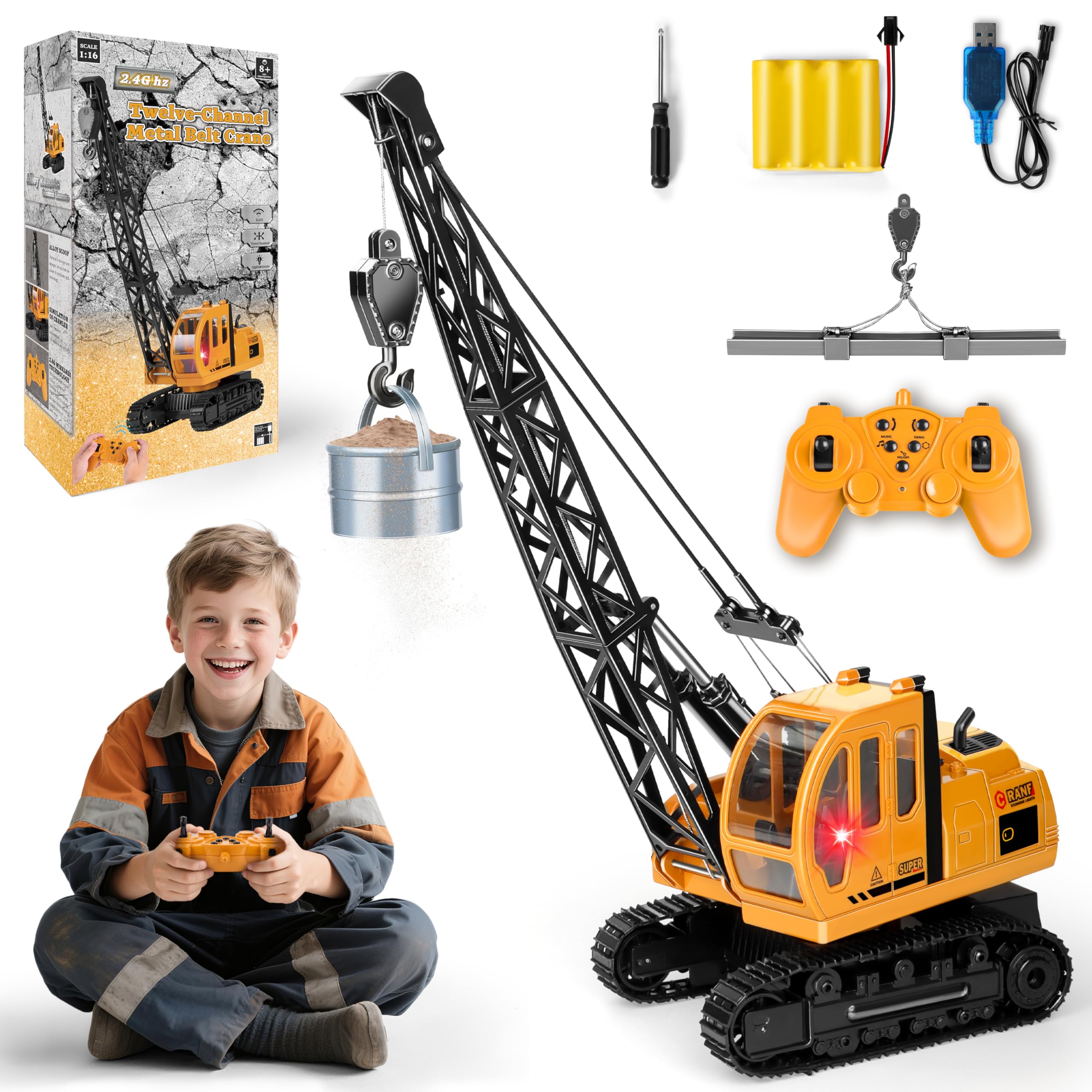 Joellfuner 1:14 Grúa de Juguete, 2,4G Grúa Teledirigida con Luces y Sonidos Realistas, Gruas de Juguete para Niños con 2 Herramientas, Regalo para Niños de 3 a 12 Años (Extra Grande)