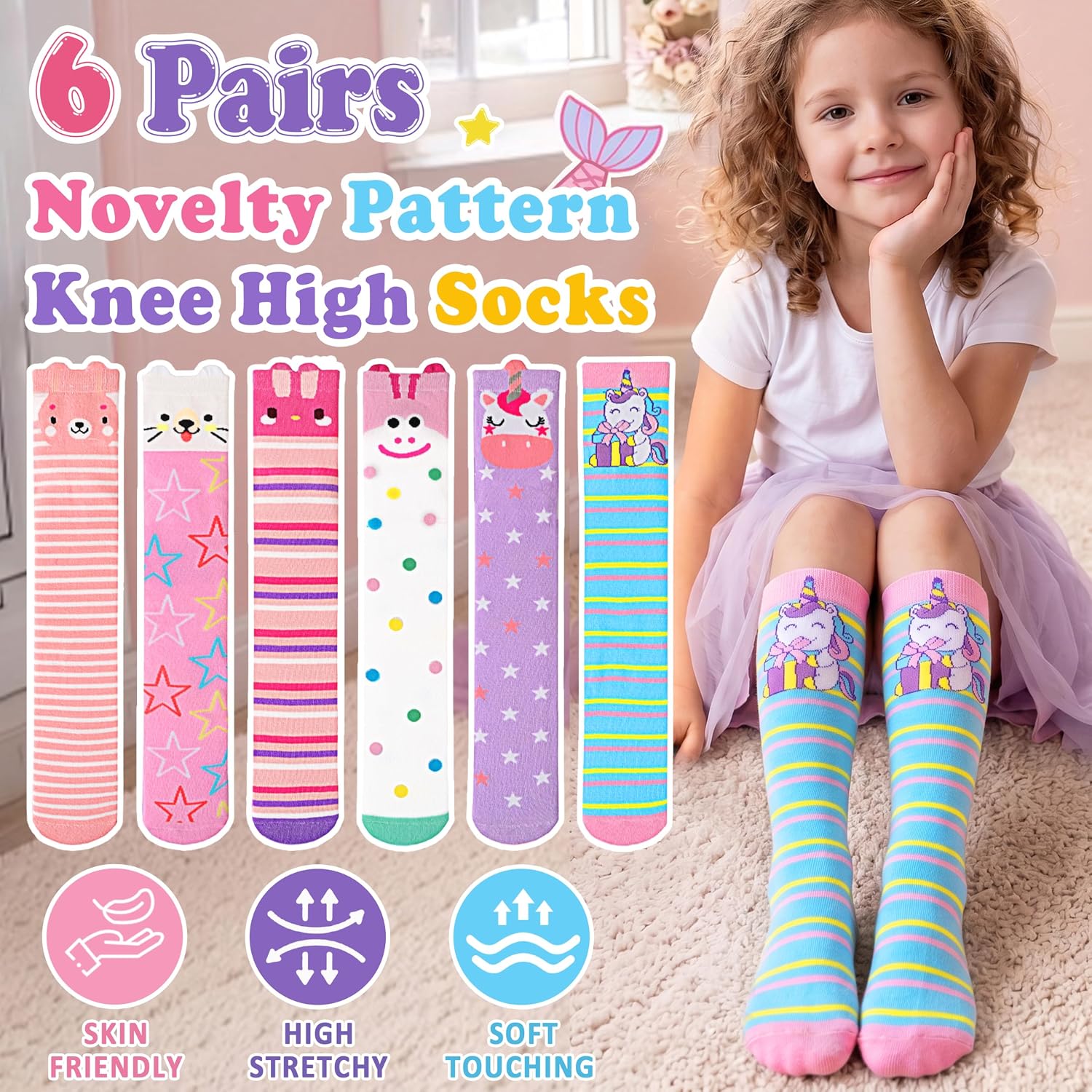 Kids Girls Knee High Socks, 6 Pairs, Funny Cute Crazy Long Socks