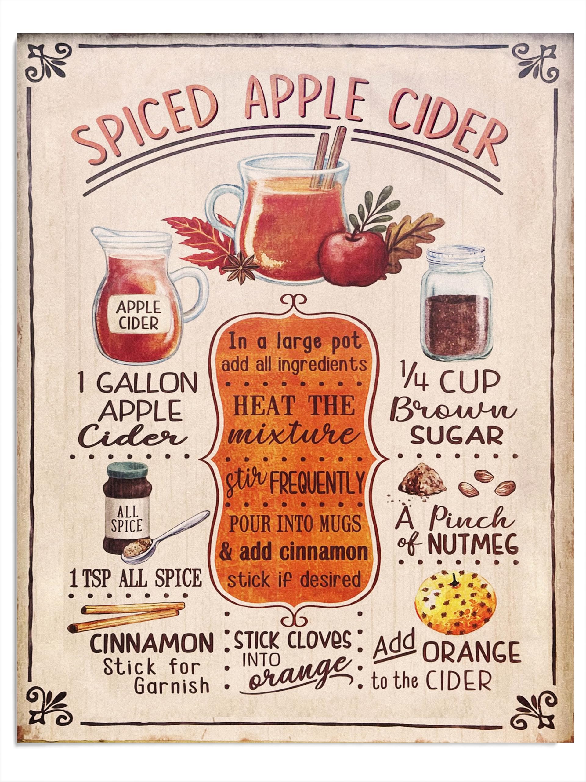 AMERICAN LUXURY GIFTS Spiced Apple Cider Recipe - Vintage Inspirational Wall Decor for Kitchen Living Room Farmhouse Office - 11x14 Unframed Print