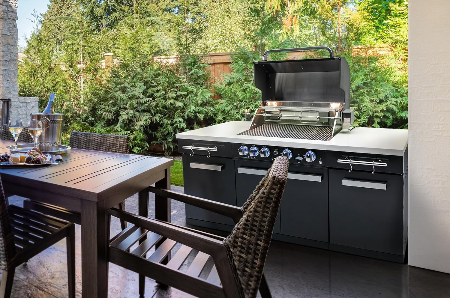 Mont Alpi MA-957NG 32-inch 5-Burner 63000 BTU Black Stainless Steel Outdoor Kitchen Island Grill Natural Gas Conversion Kit with Infrared Burner + Grill Cover + Rotisserie Kit + Granite Countertops