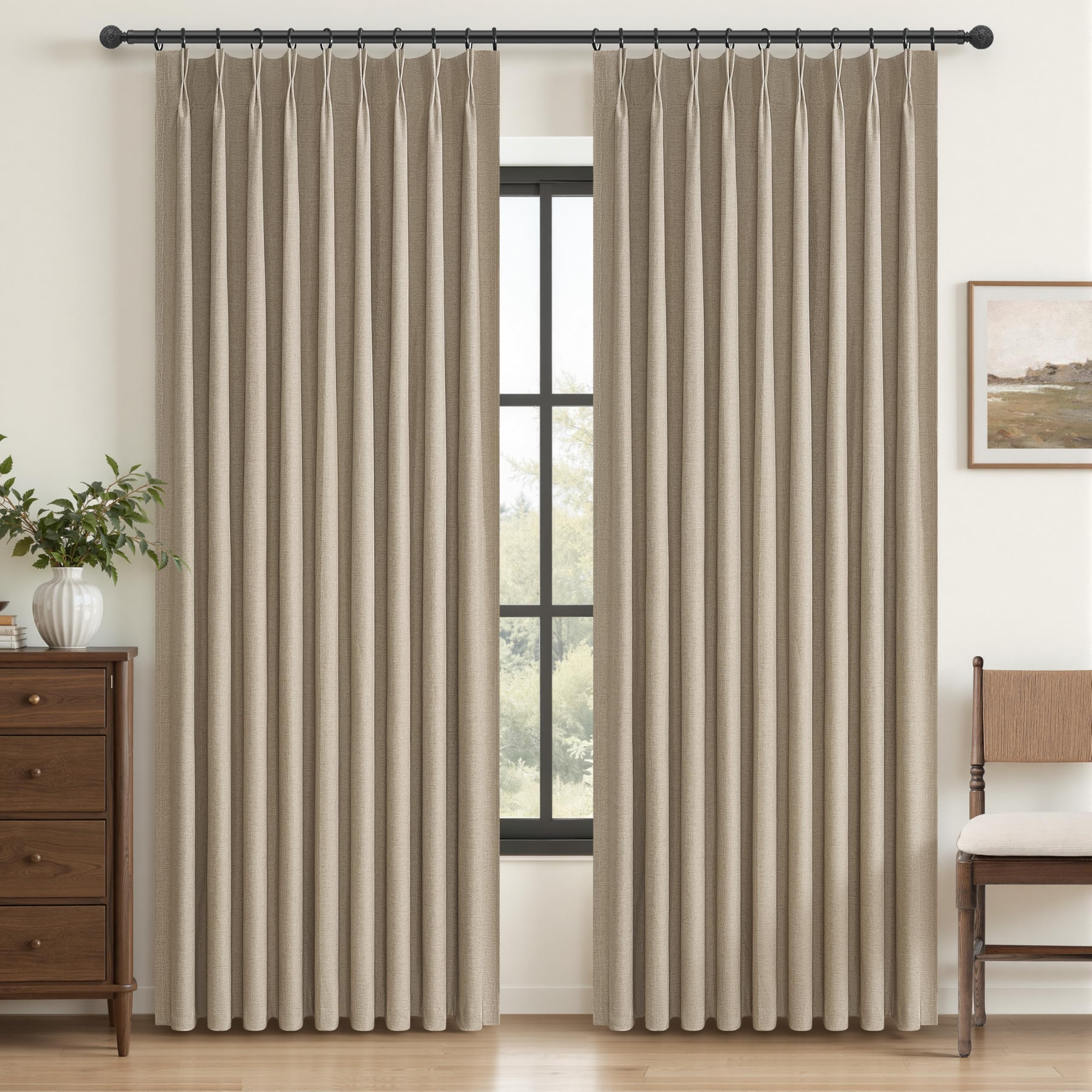 Pinch Pleated Blackout Curtains 60 Inches Wide for Living Room, Room Darkening Linen Blend Tan Viral Large Window Curtain for Bedroom Thermal Soundproof GreyBeige Drapes (60"W x 96"L x 2Panels)