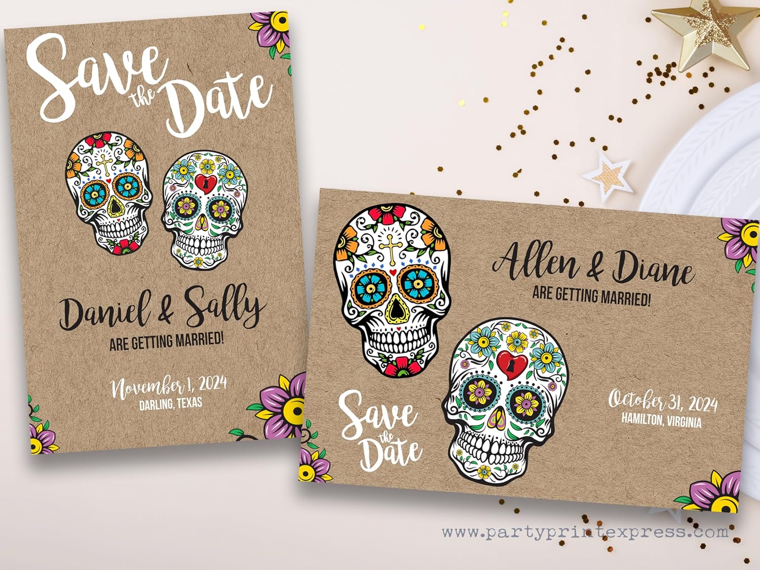 Sugar Skull Wedding Save the Date Cards - Kraft Day of the Dead Bridal Invitations - Personalized with Envelopes - Halloween