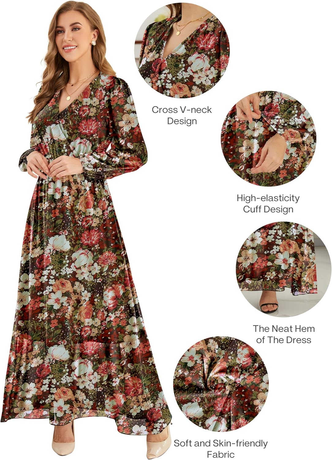 CYiNu Long Sleeve Maxi Dress for Women Chiffon V Neck Boho Floral Long Dress - Image 4