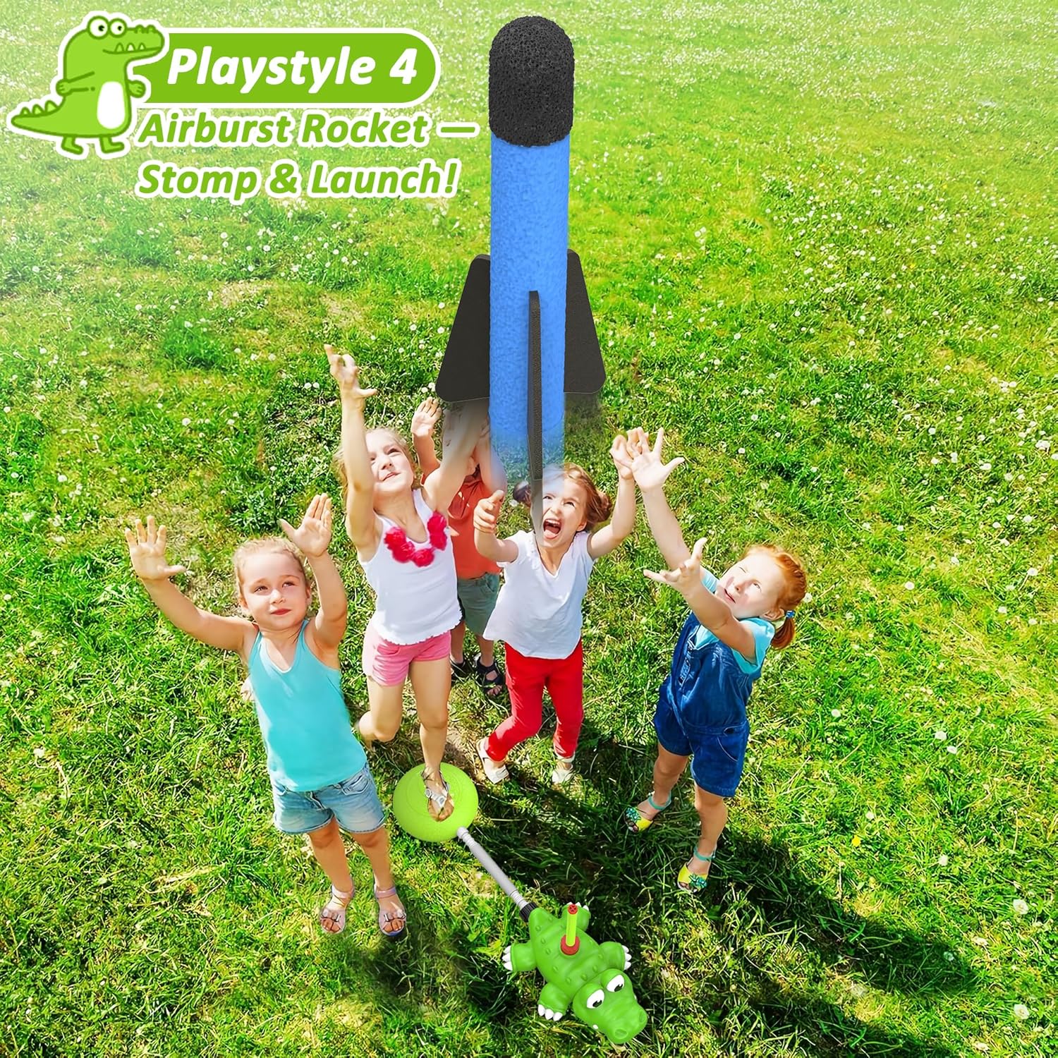 4-in-1 Summer Outdoor Sprinkler Spray Water Toys,360° Rotating Sprinkler/Hydro Baseball /3-Spout Slugger/Stomp Rocket Lawn Backyard Pool Party Outside Game for Kids Toddlers Ages 3-5 4-8 (Crocodile)