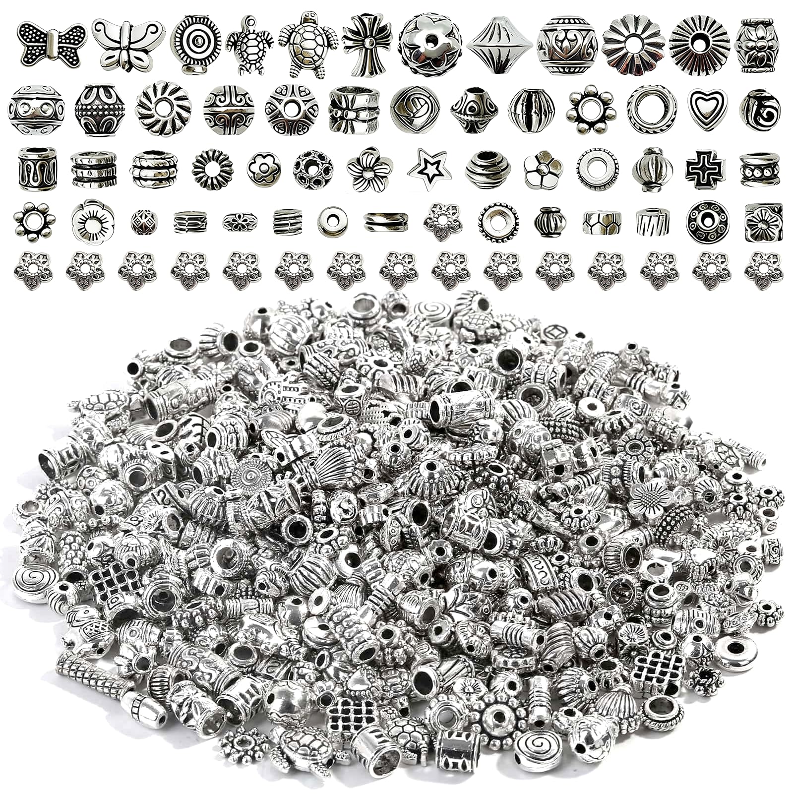 Photo 1 of 133PCS Antique Silver Spacer Beads, Tibetan Mixed Bulk Styles Metal Spacers Beads Caps for Jewelry Making DIY Bracelets Necklace Supplies