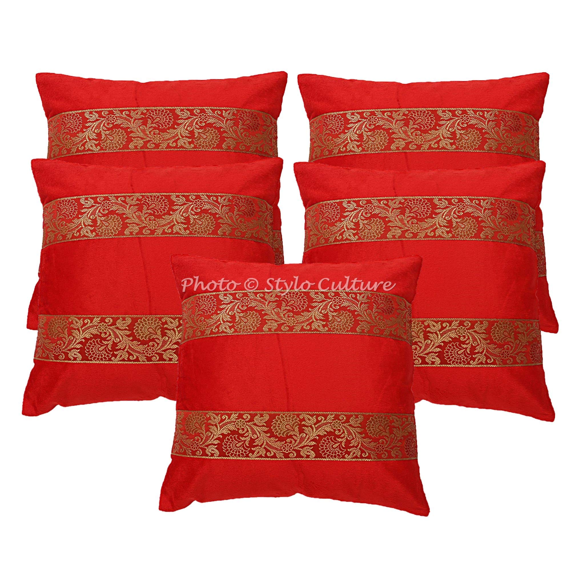 Stylo Culture Indiano Fodere Per Cuscini 40x40 cm Decorativi Per Camera Da Letto Floreale Broccato Jacquard Magenta Quadrato Cerniera 16x16 pollici Copricuscini Soggiorno Sedie - 5 pezzi