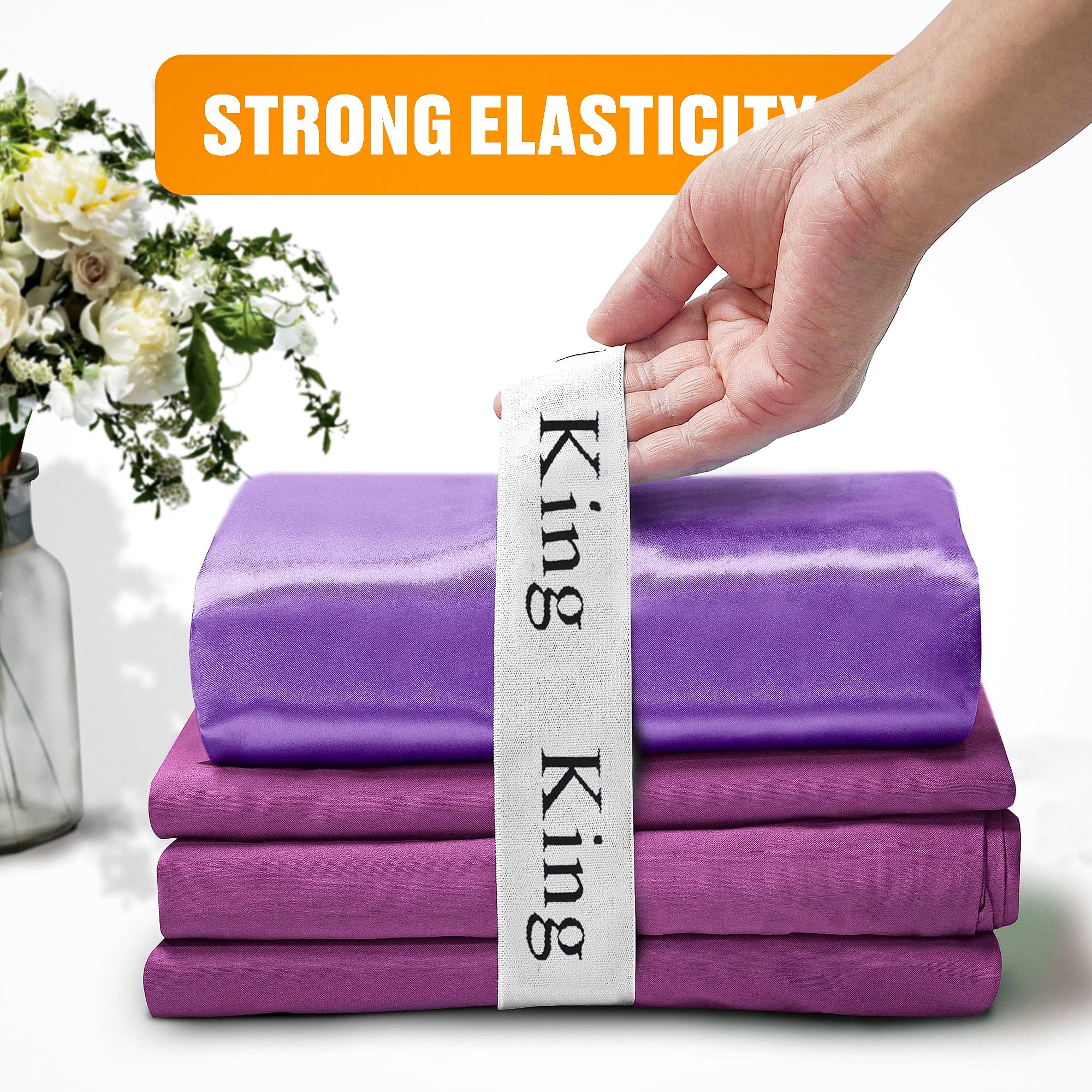 Bed Sheet Organizer Bands for Linen Closet, Sheet Keepers and Sheet Labels for Bedding, Labeled Elastic Bedding Strap for Foldable Bedsheets, Bed Sheets Storage Label (Queen pack of 4), S1214