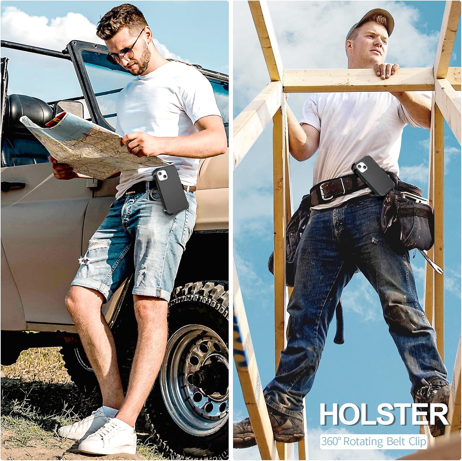 for iPhone 15 Case with Belt Clip and 2 Pack Screen Protector - Heavy Duty Shockproof Military Grade Drop Protective Full Body Rugged Dust-Proof Cover(Black+Clip)