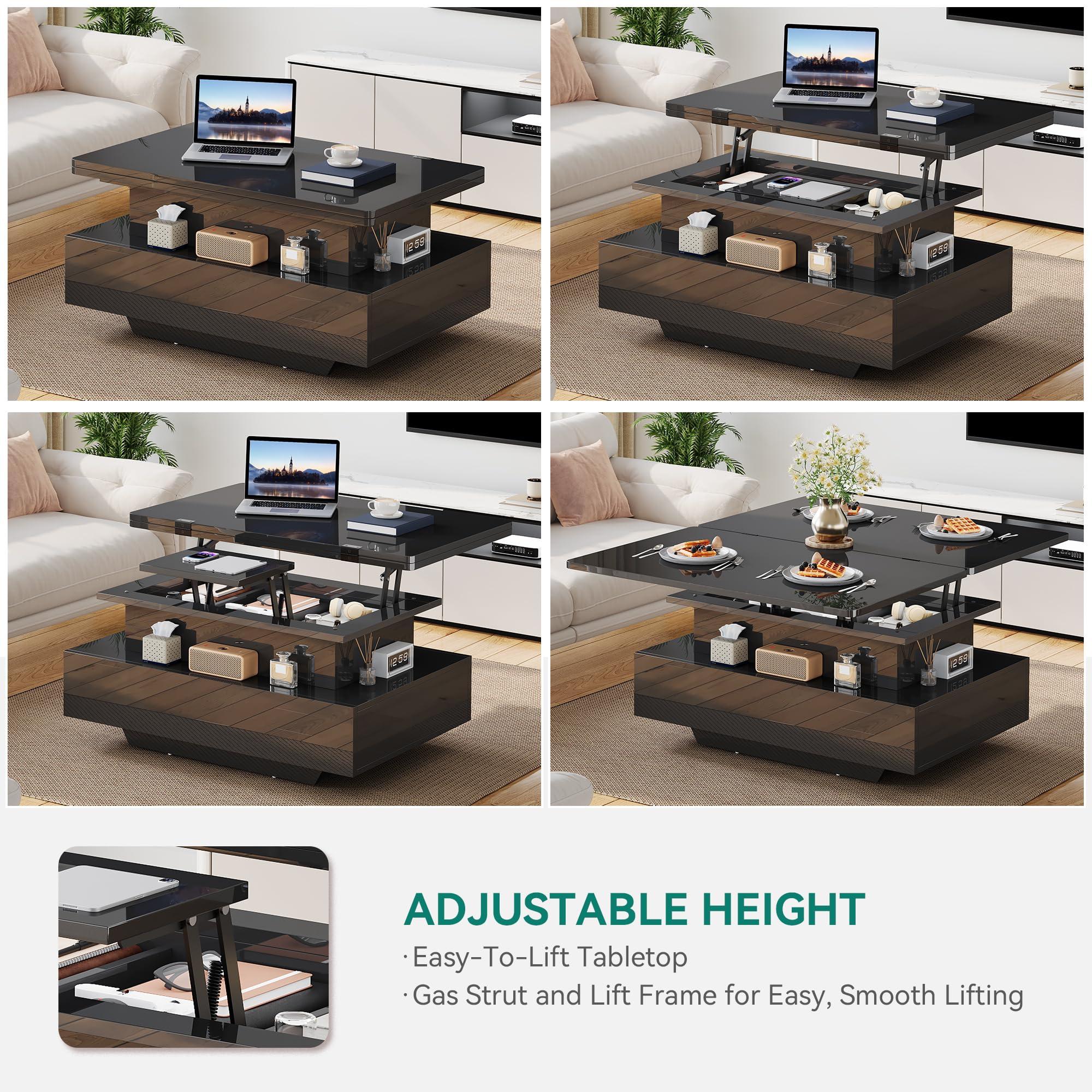 YITAHOME Table Basse Relevable Extensible, Haut Brillant Table de Salon avec LED Moderne et 2 Tiroirs, 4 en 1 Table Basse Transformable pour Le Salon
