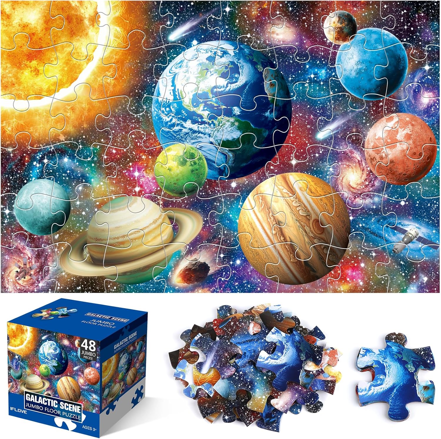 Jumbo Floor Puzzle for Kids,48 Piece Solar System Planet Large Jigsaw Puzzles for Toddler Ages 3-5,Preschool Educational Learning Space Toys,Easter Gift for Boys & Girls Ages 4-8