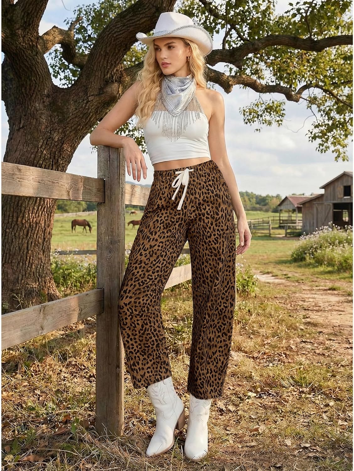 GRAPENT Barrel Jeans for Women Trendy High Waisted Pull On Wide Leg Cropped Leopard Cheetah Print Stretchy Denim Pants