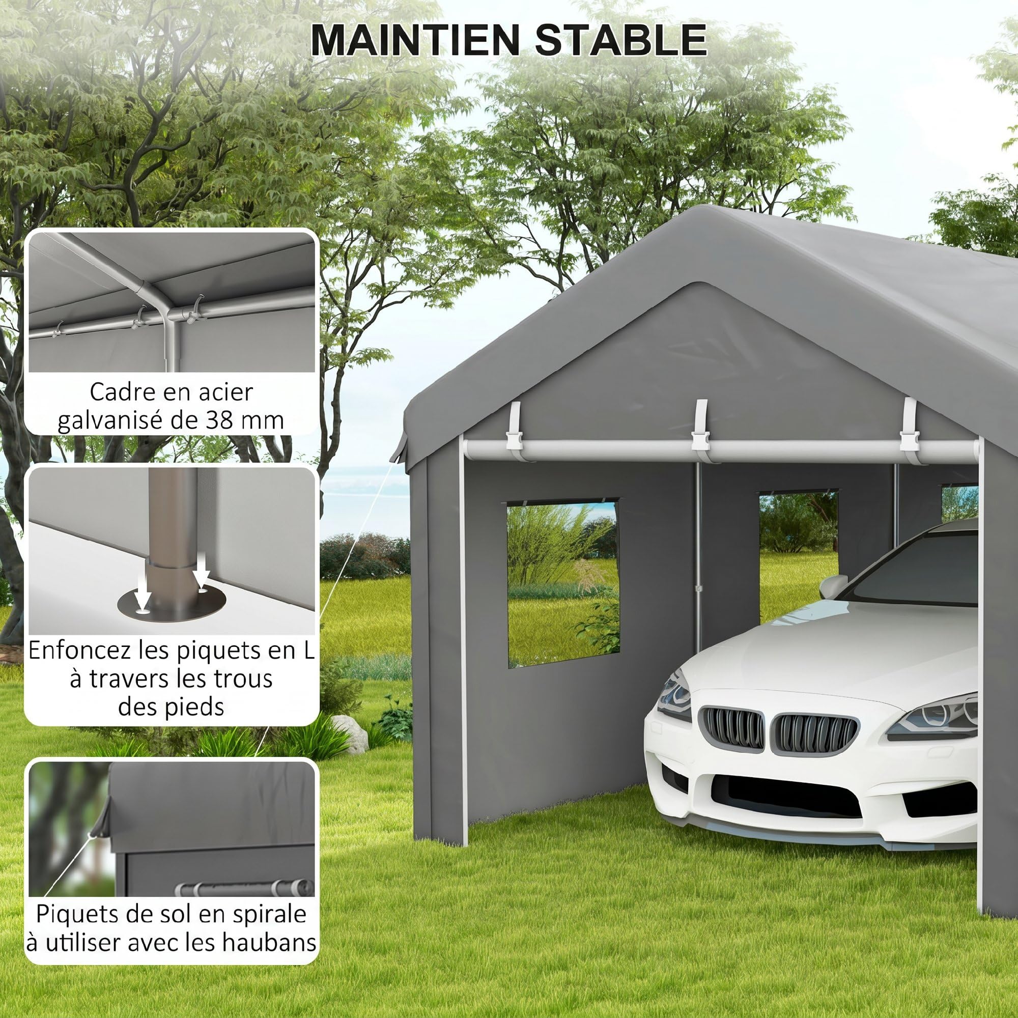 Outsunny Tente Garage carport dim. 6L x 2,95l x 2,78H m Acier galvanisé Robuste PE Haute densité 160 g/m² imperméable Anti-UV, 2 Portes enroulables et 6 fenêtres
