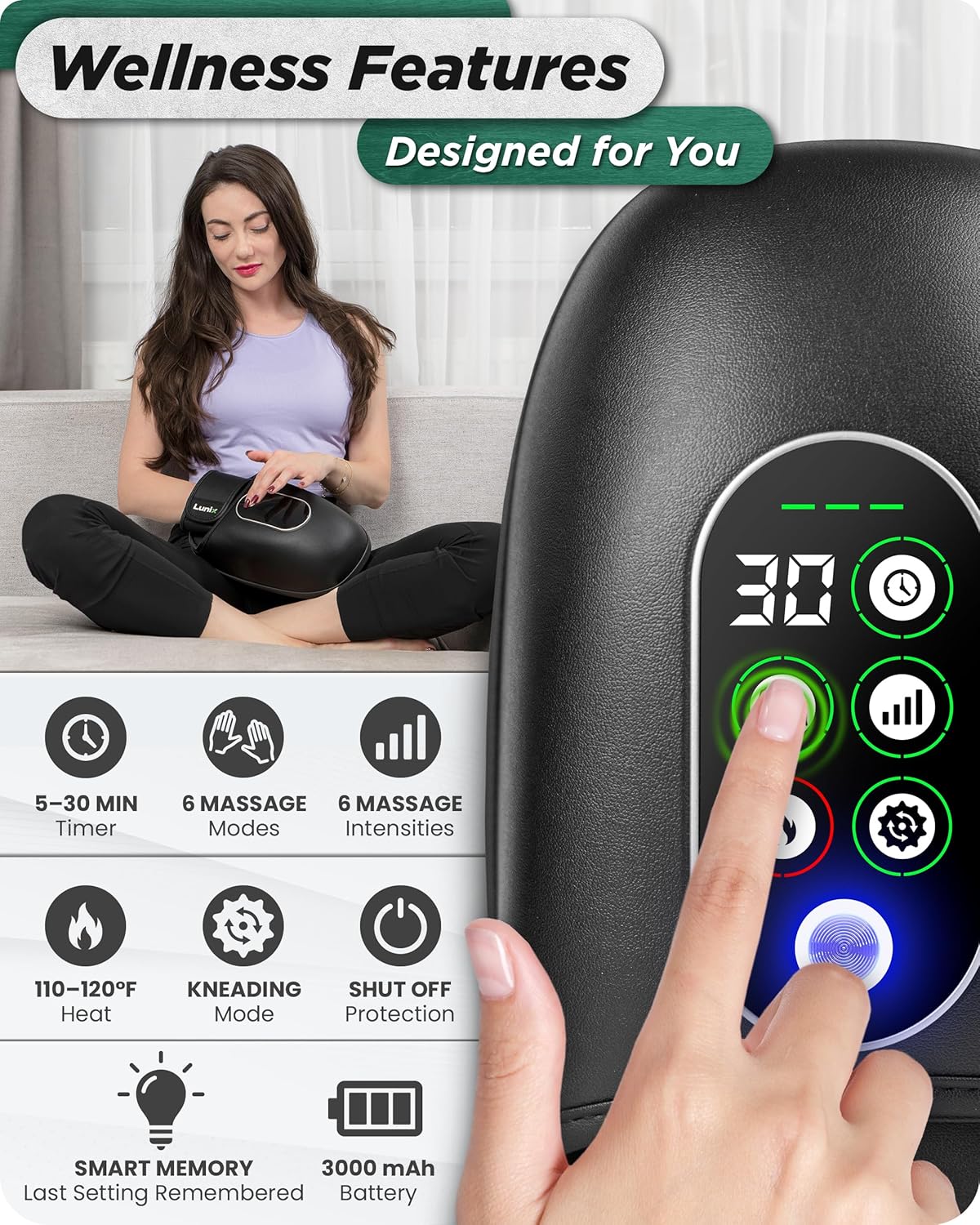 Lunix LX31 FSA Rolling Hand Massager, Heat + Compression + Kneading, Smart Memory, Cordless Rechargeable, Charcoal Black