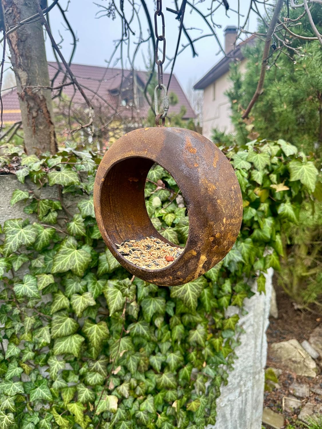 Rusty Bird Feeder, Modern Rusty Metal Bird Feeders, Bird Snack Bowl, Outdoor Garden Decor, Bird Perch, Metal Garden Decor, Yard Art